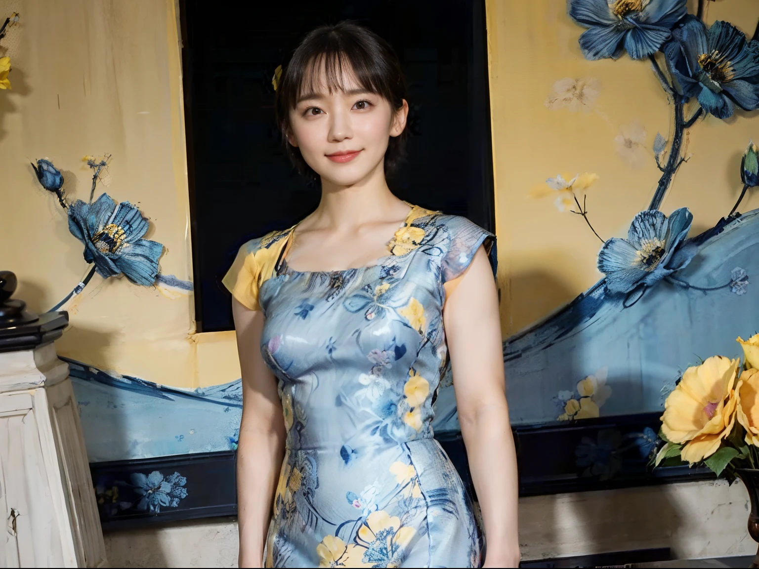 78
(20-year-old princess,is standing), (A hyper-realistic), (masutepiece), ((short-hair:1.46)), (Smooth black hair), (Breast:1.0), (kindly smile:0.9), (Blue and Yellow Floral Dress:1.46), Majestic Palace, Orange Lipstick