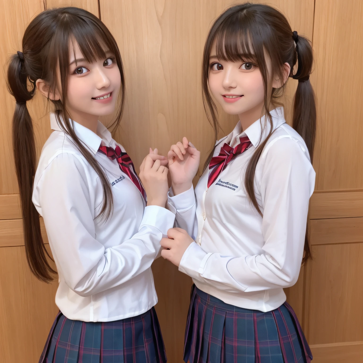 (highest quality, masterpiece:1.2), highest quality, High resolution, 1080P, 8K, Height: 158cm, ((Like a beautiful girl in my dreams、A very intelligent, very noble, pretty and neat Japanese beautiful girl fashion model.1If a person is、With the best smile、Looking at the audience、Hands over their mouths, Realistic fashion model photos)), A face that everyone loves, ((((A plump, white, round face)))),(((Plump Cheeks))), Glossy lips, (Evenly cut bangs), ((Very beautiful dark eyes)), The very large red shiny wide ribbon bowtie is very cute., ((Black Hair)), ((long twin braids)), (((A long, neat, dark navy blue checked pleated skirt))), (((Dark blue winter long sleeve blazer))), How to wear a neat uniform, Very lustrous, glossy lips, Open hand over open mouth, Ribbon in hair, slender, The ribbon is big and very pretty., Beautiful hair like a hair model, Long skirt, Watching the viewer and laughing, ((Incredibly beautiful face)), ((Pure and clear eyes)), ((laughing at me!))