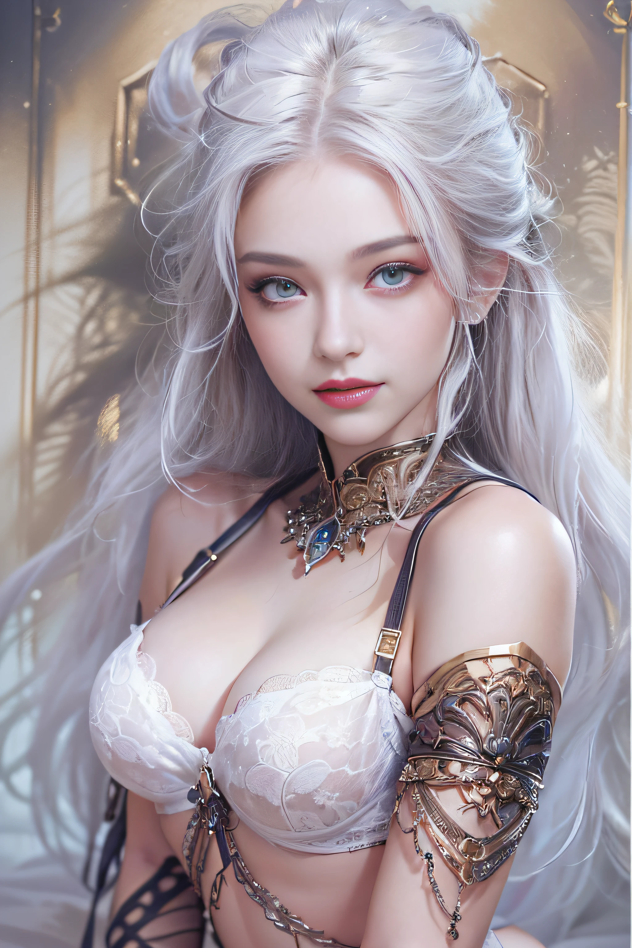 ((tmasterpiece:1.4)、(top-quality:1.4)、(reallistic:1.7))、By Luis Royo(By Luis Royo)Surreal portrait of a beautiful girl、Super beautiful girl、((1girl in:1.4))、Shiny natural skin texture、Authors:By Luis Royo(By Luis Royo)、age19、(Two arms:1.4、Two legs:1.4)、(perfect anatomia:1.4)、(Perfect female body:1.4)、Portrait photo of a girl、Close-up photos、Full body shooting、((masutepiece:1.4), (of the highest quality:1.4), (Realistic:1.7), By Luis Royo, Beautiful Girl, Super beautiful girl, ((1girl in:1. 4), Shiny natural skin texture, Authors: By Luis Royo, 19 years old, (Perfect female body: 1.4), (Perfect female body: 1.) 4), Portrait photo of a girl, Close-up photos, (Full body photo), Fantasy Art, Soft front light, Beautiful expression, Kawaii face, Beautiful breasts, Large Full Breasted: 1. 2, Beautiful buttocks, Fine eyes, Clear and eye-catching, beautiful and alluring, Beautiful eyes, thin waist, Raw photo, Red lips, ((White hair, Long hair)) , 1 Screen View, ((Woman on all fours on silk bed)), (sexyposture), (the milky way in the sky),((T-back panties))、((White garters and garter belts))、(A smile),((posterior view))、((Looks Back))、((Vaginal orchids))、((erection))