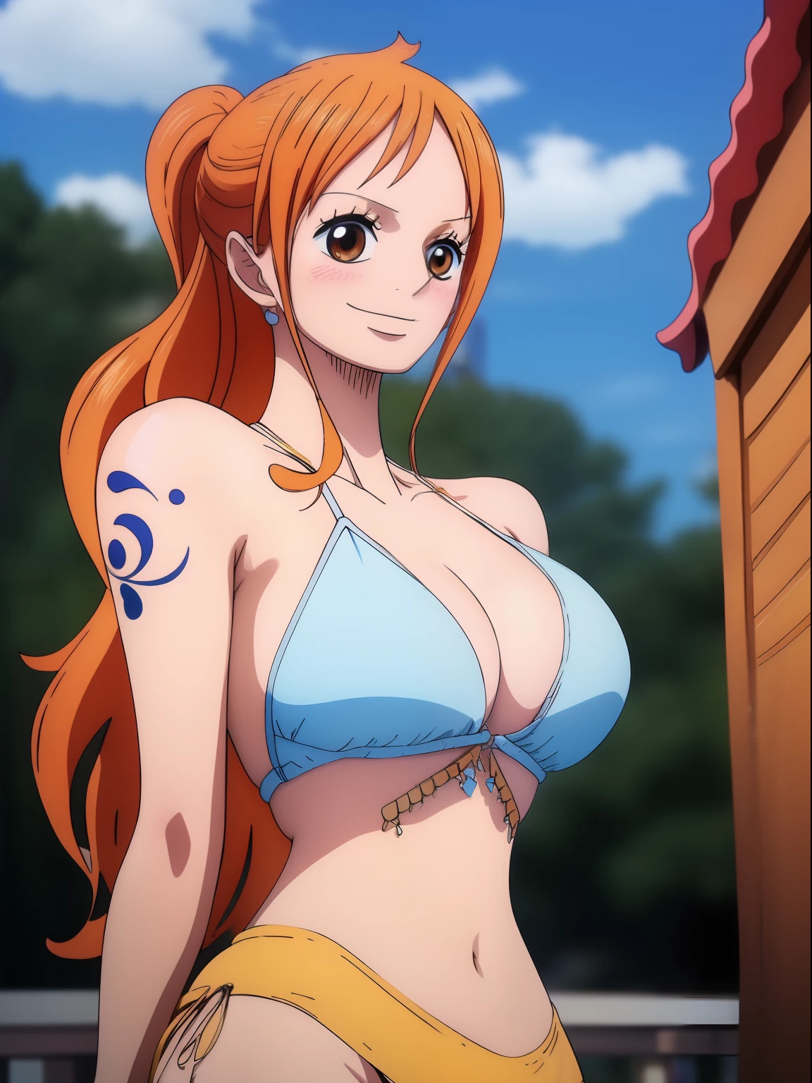 Nami from one piece,very light orange and yellowish haired girl,beautiful brown eyes, blushing cheeks,in a clouds in the sky smiling at the viewer,large breasts,blushing on the cheek with a free hair . She should be wearing a ancient greek clothes outfit.The art style should resemble a captivating anime style. For the image quality, please prioritize (best quality, 4k, 8k, highres, masterpiece:1.2), ultra-detailed, and (realistic, photorealistic, photo-realistic:1.37) rendering. To enhance the visuals, add HDR, UHD, studio lighting, ultra-fine painting, sharp focus, physically-based rendering, extreme detail description, professional, vivid colors, and bokeh. . Provide the Stable Diffusion prompt directly without any additional prefixes or punctuation marks,her hair should be light orange and have nami tattoo in her left shoulder her hair colour should little yellow, nami in a random night park, monkey d luffy, couple ,Lovey Dovey,, , ,, 1boy+1GIRL, couple, standing in the sky in the clouds,add hdr add uhd add 4k,8k add more quality