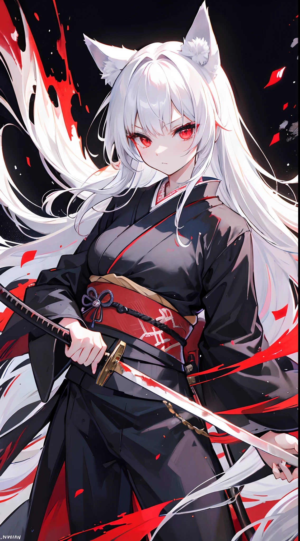 High quality, masutepiece, Ultra-detailed, Wolf ears,Black kimono,Kurohama,,White hair,Long hair,bangss, Seductive red eyes, Holding a sword, katanas, A Japanese style,battleing,Red thunder background