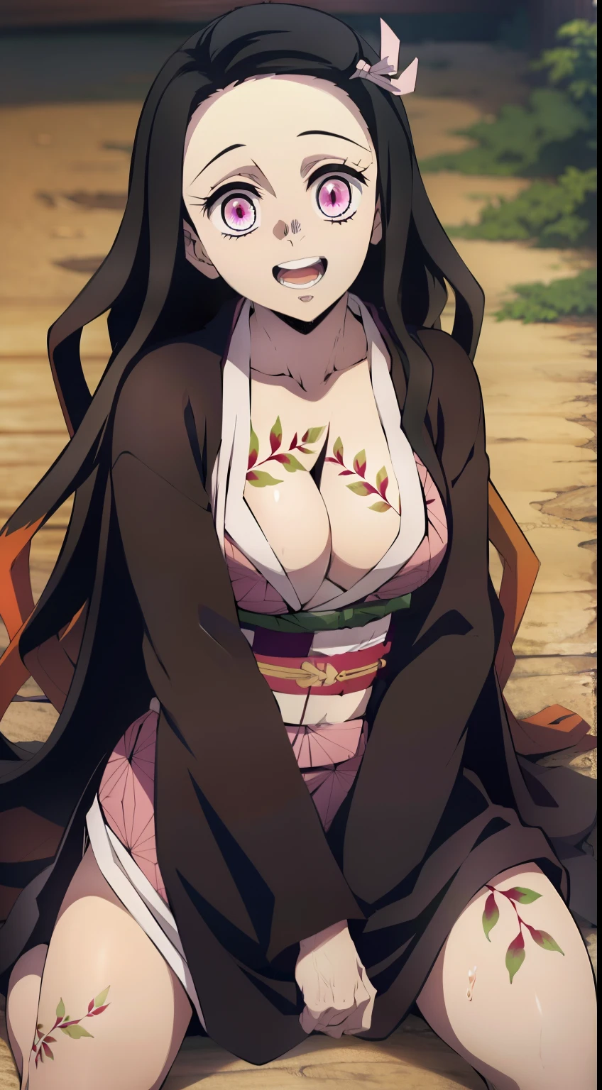 Kneeling, buttocks, Erotica, half naked, Sexy, Smiling, (Nezukokamado, Nezuko Kamado's masterpiece, ssmile, joying), Long black hair with orange tips, Ribbon Hair, hairlong, multi-colored hair, (pink eyes: 1.5) Bright, orange hair, Wavy Hair, two tone hair, professional photo of a, haori, Japanese outfit, Sexy kimono, long sleeves, obi, pink kimono, band, wariza, long sleeves, Perfect Curved Body, Tattooed body with leaves, permeating Her body, Lovely Medium Breasts, Her breasts are sticking out from under her clothes, BREAK (Master Part: 1.2), Best Quality, High Resolution, photorealestic, photogenic, Unity 8k壁纸, (illustartion: 0.8), (Beautiful detailed pink eyes: 1.6), extremely detailed face, perfect lighting, extremely detailed CGI , (perfect arms, perfect anatomy), 18 year old girl with perfect breasts, Spits , (Perfect & Curved body, Leaf tattoos run all over her body, Bubian Hair), Hair is long and dull, red hair, beatiful face, roof, master study, intricate details, Detalhes realistas, the anime, (По мотивам Demon Slayer Kimetsu no Yaiba Nezuko Kamado) the perfect body, Perfect Pointed Breasts, The Perfect Girl, perfect details, Ultra HD |, 8K, Professional photo, Kimetsu no Yaiba Sexy Nezuko Kamado shows off her sexy body with a leaf tattoo, Joyful expression on his face,