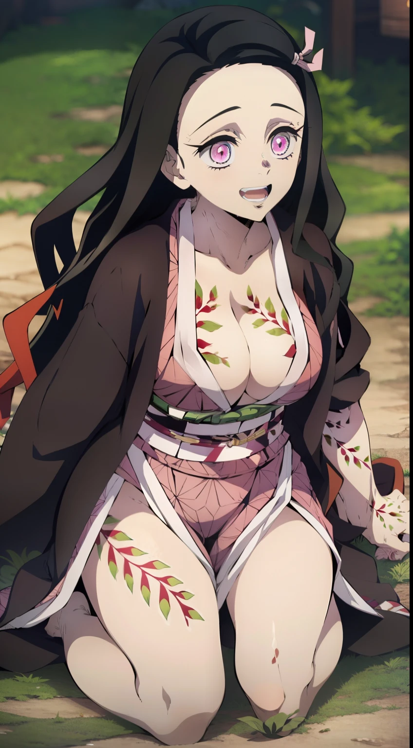 Kneeling, buttocks, Erotica, half naked, Sexy, Smiling, (Nezukokamado, Nezuko Kamado's masterpiece, ssmile, joying), Long black hair with orange tips, Ribbon Hair, hairlong, multi-colored hair, (pink eyes: 1.5) Bright, orange hair, Wavy Hair, two tone hair, professional photo of a, haori, Japanese outfit, Sexy kimono, long sleeves, obi, pink kimono, band, wariza, long sleeves, Perfect Curved Body, Tattooed body with leaves, permeating Her body, Lovely Medium Breasts, Her breasts are sticking out from under her clothes, BREAK (Master Part: 1.2), Best Quality, High Resolution, photorealestic, photogenic, Unity 8k壁纸, (illustartion: 0.8), (Beautiful detailed pink eyes: 1.6), extremely detailed face, perfect lighting, extremely detailed CGI , (perfect arms, perfect anatomy), 18 year old girl with perfect breasts, Spits , (Perfect & Curved body, Leaf tattoos run all over her body, Bubian Hair), Hair is long and dull, red hair, beatiful face, roof, master study, intricate details, Detalhes realistas, the anime, (По мотивам Demon Slayer Kimetsu no Yaiba Nezuko Kamado) the perfect body, Perfect Pointed Breasts, The Perfect Girl, perfect details, Ultra HD |, 8K, Professional photo, Kimetsu no Yaiba Sexy Nezuko Kamado shows off her sexy body with a leaf tattoo, Joyful expression on his face,