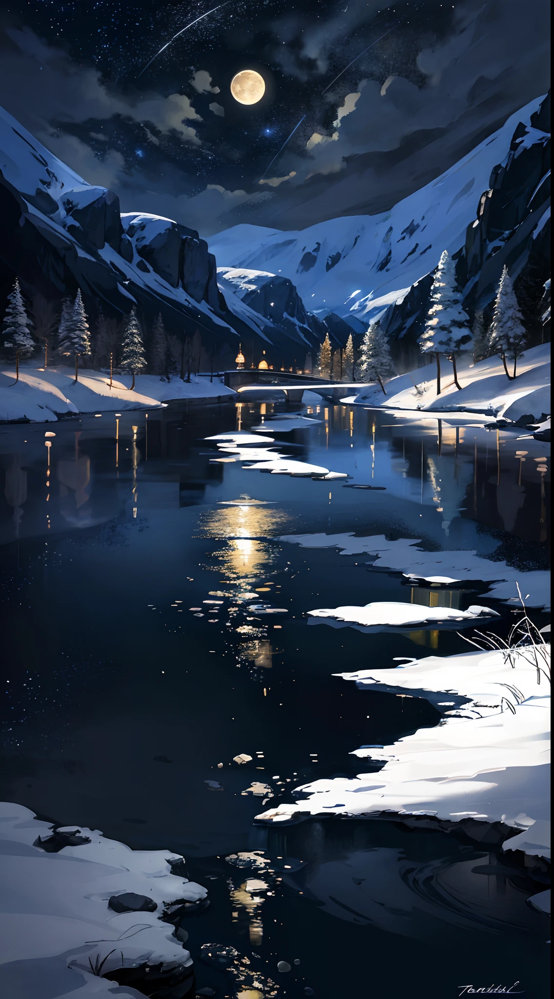 A painting of a river with stars and moon in the sky, concept art inspired by Tosa Mitsuoki, pixiv contest winner, best quality, fantasy art, beautiful anime scene, a bright moon, moonlit starry environment, dream painting, Anime Background Art, Fantasy Landscape Art, Fantasy Night, Anime Background, Background Artwork, Fantastic Art, Atmospheric Anime, Starry Sky, Detail Enhanced.