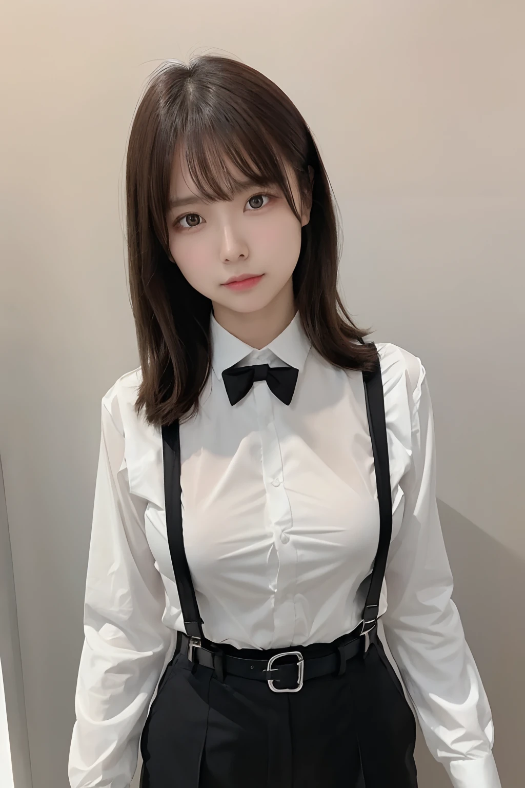 masterpiece、flat-colors、depth of fields、lens flare 1 girl、、Brown hair、watching at viewers a belt black suspenders Social OL Too large breasts Armpit sweat perspiring Side of both hands walls: Black Suit Black pants, Black jacket