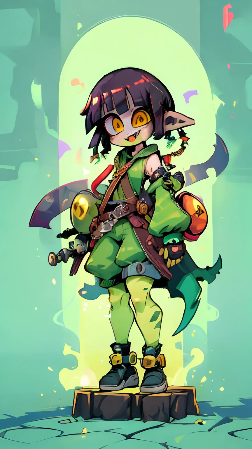 mksks style, detailed background, goblin girl, green skin, colored skin, black hair, short hair with long locks, blunt bangs, amber eyes, tsurime eyes, rogue, assassin, dressed in tight leather, punk techwear, straps and belts , smug expression, upper teeth, fang, beautiful 8k wallpaper, masterpiece, best quality