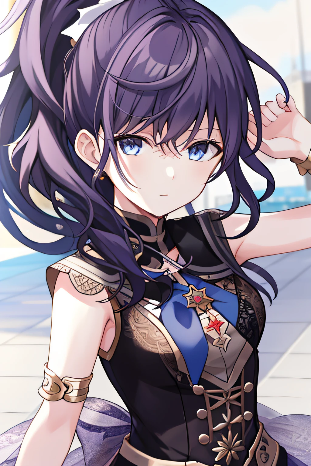 (8k, HD, best quality, intricate details, dark colors, masterpiece: 1.2) 1girl, solo, long hair, shiny hair, purple hair, blue eyes, ponytail, scrunchie, high ponytail, asahina mafuyu, project sekai, shadowed face, expressionless, downcast shadowed face, dull eyes, sailor uniform, {{raised right hand}}