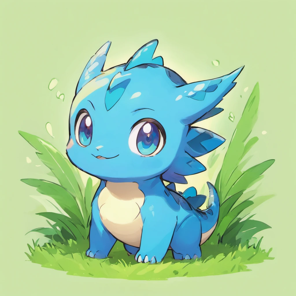 Cute dinosaurs，Grass properties，Three-quarters side，Four ears，Little Wings，Blue colored eyes，masutepiece, Best Quality，Single-color background