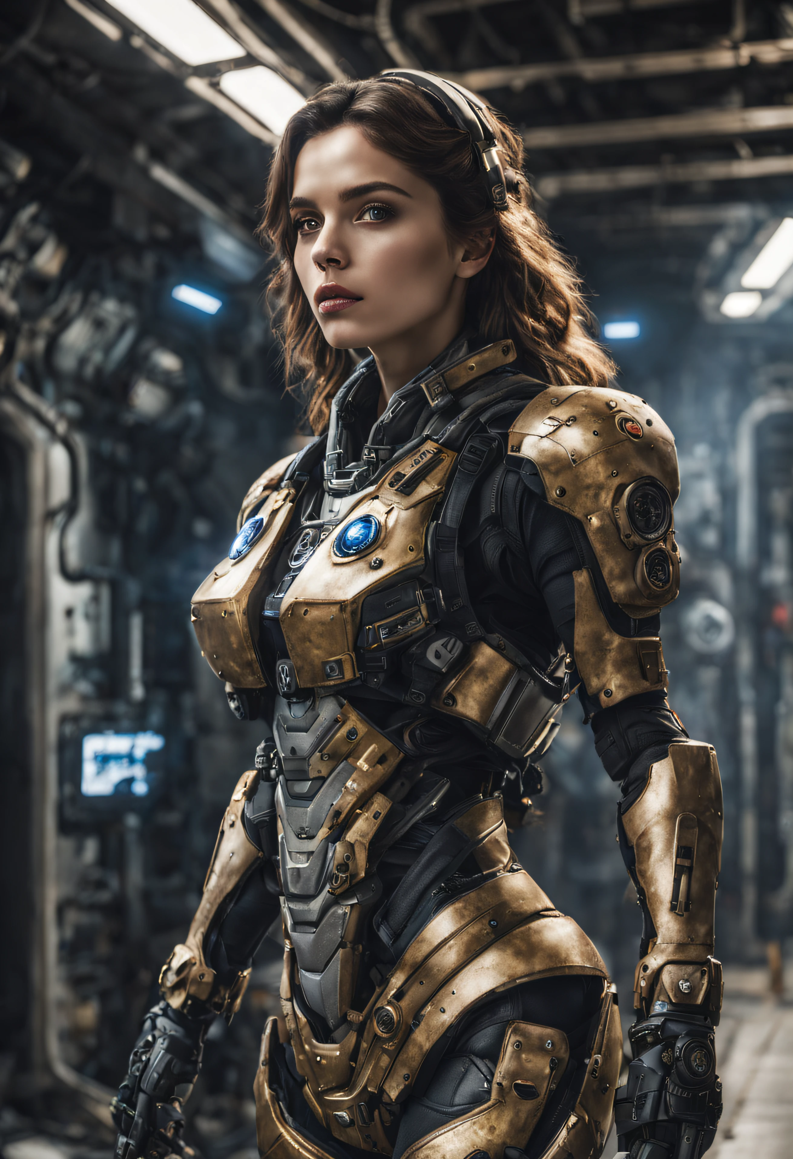 cuerpo completo, mujer alienigena extraterrestre, considerada como una de las razas mas bellas de la galaxia, parecida a cailee spaeny, con una cara, ojos y labios sensuales, vestida con uniforme sexy, mezca de gears of war y laminas de oro, se encuentra en centro de control de estacion espacial. hiperrealista, imagen nitida, 8k.