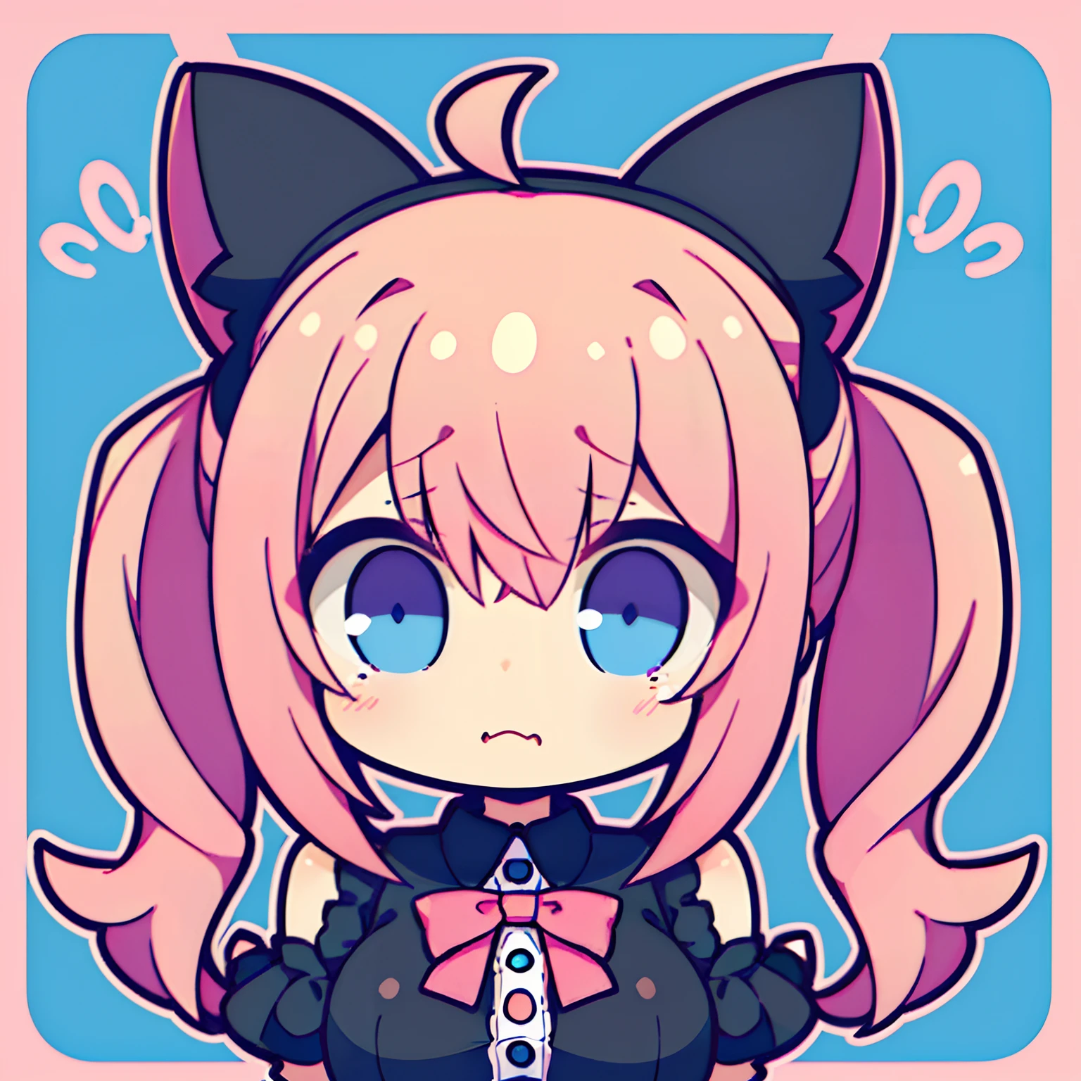 girl with、Chibi、((Best Quality, high_resolution, Distinct_image)),(pink hair), (Black cat ears), (Ahoge), (twin tails hair), (Blue eyes),、Crying face、mideum breasts、