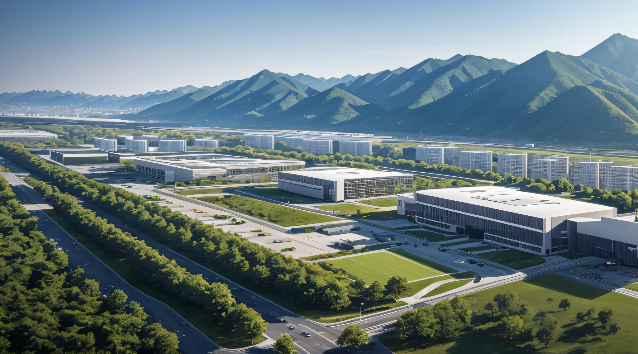 Architectural landscape，There is a meadow in front, research complex, medical research facility, wide angle exterior 2022, modern technology building, the photo shows a large, Office building, building facing, University, coper cladding, high detail photo, There are vehicles on the road，parking space，News, wide image, kan liu, Wu Liu, foster and partners, Office, leaked image，16k，Ultra photo realsisim，realisticlying，closeup cleavage，Aerial view of a large building with tennis court, sharp foccus ilustration hq, sharp hq rendering, sharp focus ilustration hq, Futuristic production facility, detailed factory, introduction factory photo, huge factories, nanquan, mountain valley to factory, factory, a new, by Ni Yuanlu, [ down view ]!!, rendering, long shot view，4K，closeup cleavage，image
