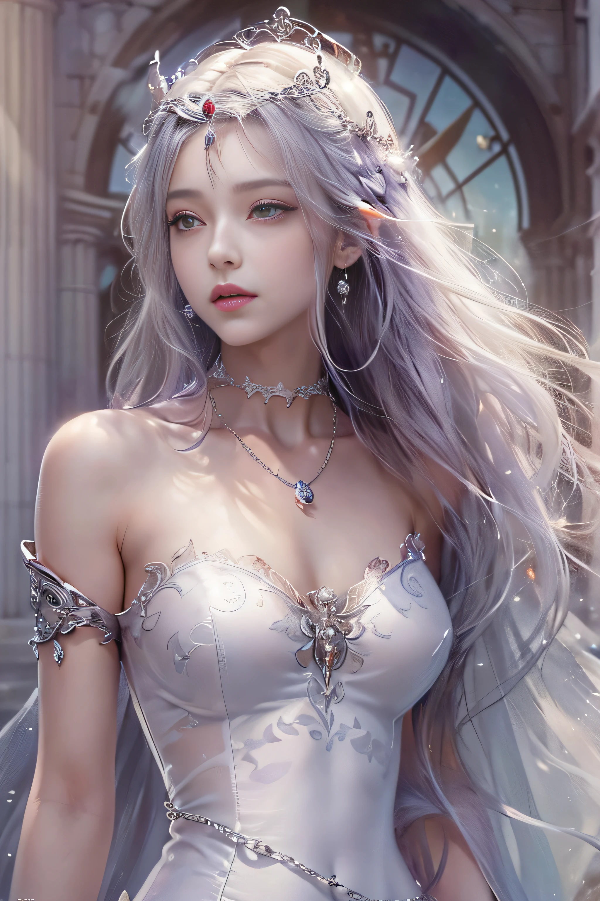((tmasterpiece:1.4)、(top-quality:1.4)、(reallistic:1.7))、By Luis Royo(By Luis Royo)Surreal portrait of a beautiful girl、Super beautiful girl、((1girl in:1.4))、Shiny natural skin texture、(The Queen's Gorgeous Costume)、(Off-the-shoulder white one-piece long type:1.4)、Authors:By Luis Royo(By Luis Royo)、age19、(Two arms:1.4、Two legs:1.4)、(perfect anatomia:1.4)、(Perfect female body:1.4)、Portrait photo of a girl、Close-up photos、Full body shooting、Fantasyart、Soft front light、Beautiful expression、kawaii faces、Beautiful udder、large full breasts:1.2、Beautiful ass、A detailed eye、Clearly eye-catching, beautiful and alluring、beautidful eyes、Narrow waist、Raw photo、red rip、Arrange your long hair as cool as a queen、(tiara crown:1.4、choker necklace:1.4、a necklace:1.4、耳Nipple Ring:1.4)、1 screen display、((In front of the city walls、Woman standing in front of bench)),((Translucent off-shoulder white dress))、((A smile)),((posterior view)),