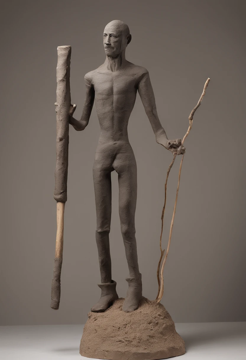 Statue of a man holding a stick in a building, giant clay statue, Sculptural work in progress, Covered in mud, full height sculpture, Single Clay Museum Sculpture, Theme made of cracked clay, detailed clay model, rotting black clay skin, clay sculpture, Clay model, covered in dirt, Covered in dust, made of tar, 3 d clay figure