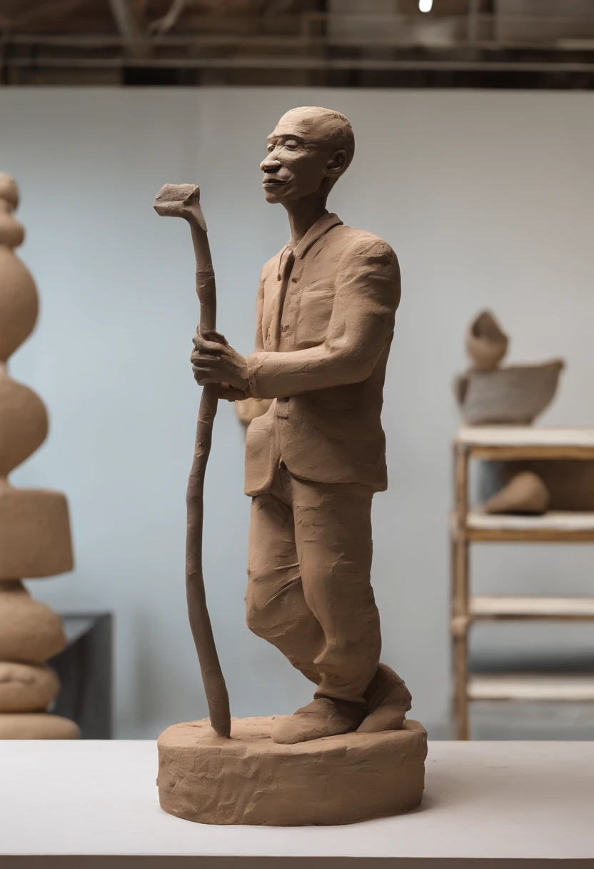 Statue of a man holding a stick in a building, giant clay statue, Sculptural work in progress, Covered in mud, full height sculpture, Single Clay Museum Sculpture, Theme made of cracked clay, detailed clay model, rotting black clay skin, clay sculpture, Clay model, covered in dirt, Covered in dust, made of tar, 3 d clay figure