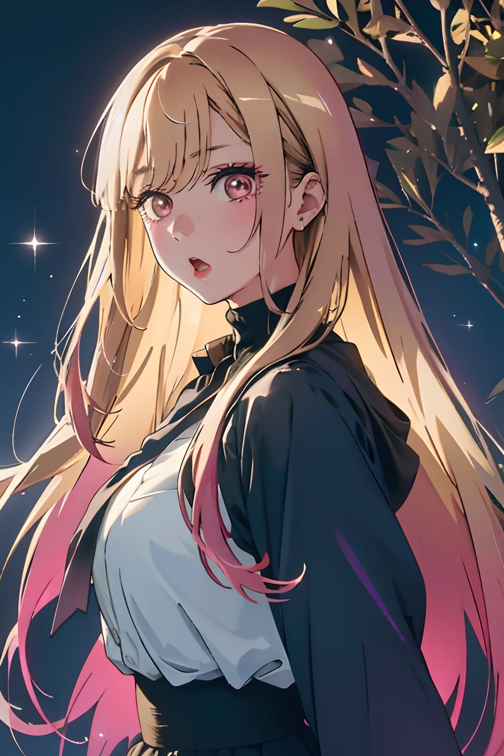 Official art, Unity 8k Wallpapers, ultra-detailliert, Beautifully Aesthetic, masterpiece, top-quality, realisitic, a closeup, Skindentation, interface, A detailed eye, A detailed face, detailed hairs, black backgrounds, straight-on, looking at the viewers, The sheen, Anime, highly detailed with reflections transparent iridescent opaque jacket, Long transparent iridescent RGB hair, 1girl in, Solo, fronds, Long hair, Blurry, Shirt, Parted lips, Outdoors, Floating hair, Long sleeves, White shirt, Bangs, Upper body, Open mouth, tusk, Brown eyes, Wind, Winters,Yuki,snowscape,Blurry background, day, depth of fields, bug,Dress Up Love,Haruka Kitagawa,In the scent of the flower garden,Sparkling eyes,blondehair,Eyes like a galaxy,Colossal tits,