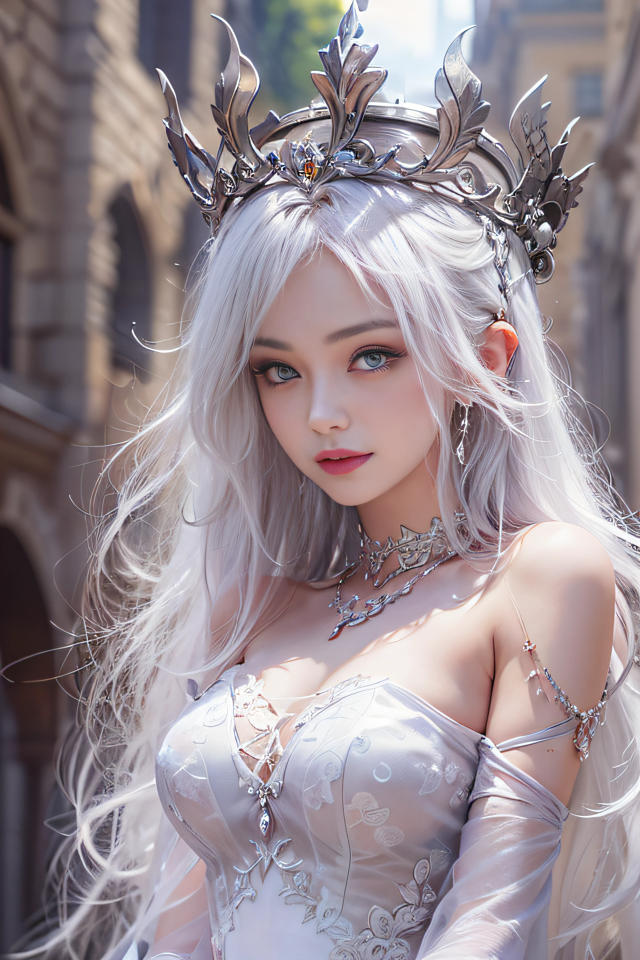 ((tmasterpiece:1.4)、(top-quality:1.4)、(reallistic:1.7))、By Luis Royo（By Luis Royo）Surreal portrait of a beautiful girl、Super beautiful girl、((1girl in:1.4))、Shiny natural skin texture、(The Queen's Gorgeous Costume)、(Off-the-shoulder white one-piece long type:1.4)、Authors：By Luis Royo（By Luis Royo）、age19、(Two arms:1.4、Two legs:1.4)、(perfect anatomia:1.4)、(Perfect female body:1.4)、Portrait photo of a girl、Close-up photos、Full body shooting、Fantasyart、Soft front light、Beautiful expression、kawaii faces、Beautiful udder、large full breasts:1.2、Beautiful ass、A detailed eye、Clearly eye-catching, beautiful and alluring、beautidful eyes、Narrow waist、Raw photo、red rip、Arrange your long hair as cool as a queen、(tiara crown:1.4、choker necklace:1.4、a necklace:1.4、耳Nipple Ring:1.4)、1 screen display、((In front of the city walls、Woman standing in front of bench)),((Translucent off-shoulder white dress))、((A smile)),((posterior view)),