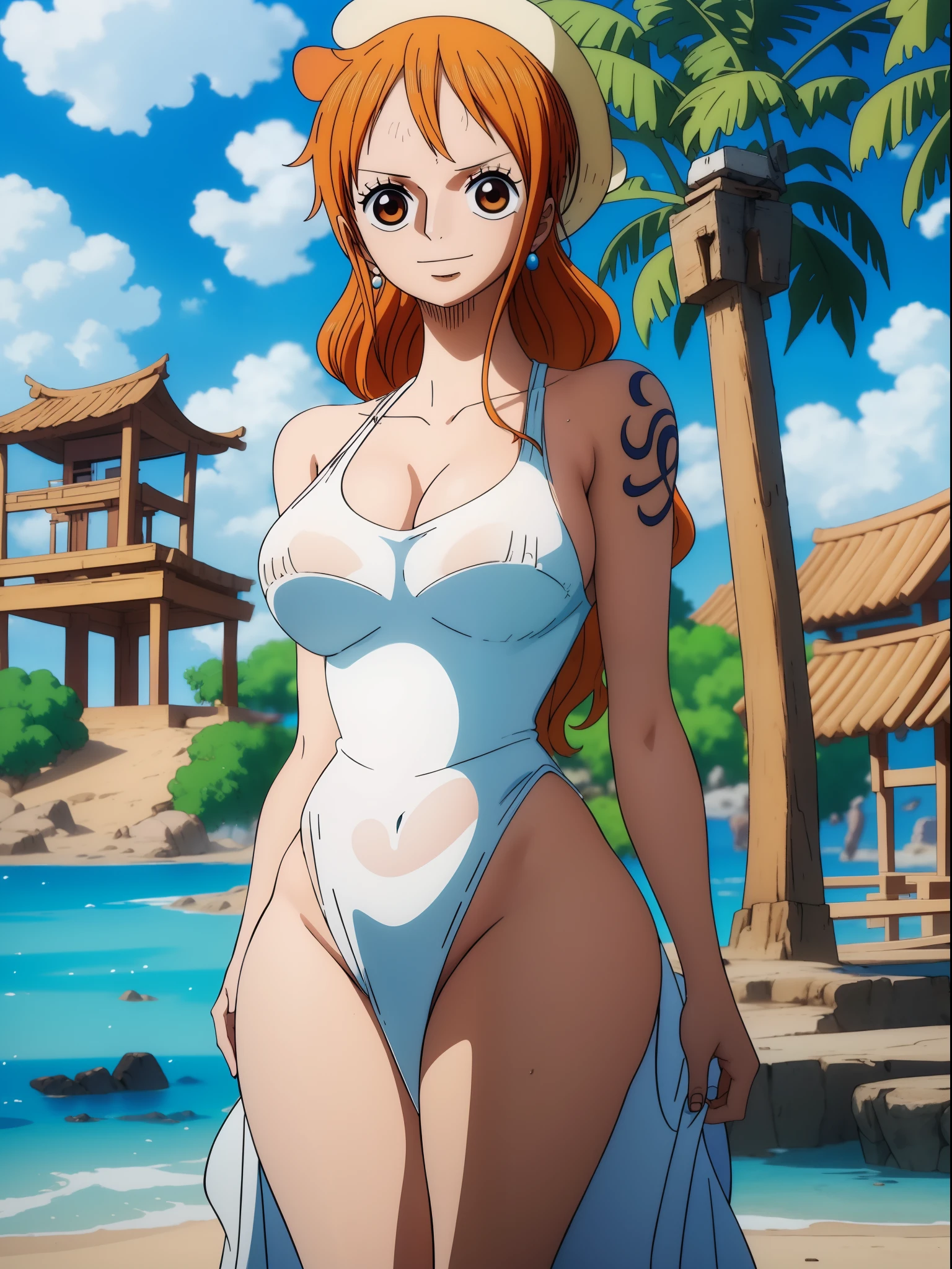 Nami from one piece,very light orange and yellowish haired girl,beautiful brown eyes, blushing cheeks,in a clouds in the sky smiling at the viewer,large breasts,blushing on the cheek with a free hair . She should be wearing a ancient greek clothes outfit.The art style should resemble a captivating anime style. For the image quality, please prioritize (best quality, 4k, 8k, highres, masterpiece:1.2), ultra-detailed, and (realistic, photorealistic, photo-realistic:1.37) rendering. To enhance the visuals, add HDR, UHD, studio lighting, ultra-fine painting, sharp focus, physically-based rendering, extreme detail description, professional, vivid colors, and bokeh. . Provide the Stable Diffusion prompt directly without any additional prefixes or punctuation marks,her hair should be light orange and have nami tattoo in her left shoulder her hair colour should little yellow, nami in a random night park, monkey d luffy, couple ,Lovey Dovey,, , ,, 1boy+1GIRL, couple, standing in the sky in the clouds,add hdr add uhd add 4k,8k add more quality