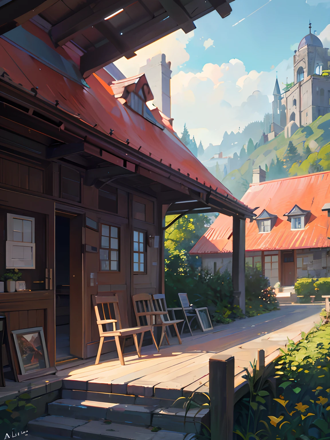 there is a painting of a picnic table in the park, relaxing concept art, idyllic cottage, a beautiful artwork illustration, summer afternoon, anime countryside landscape, highly detailed illustration.”, by Aleksander Gine, highly detailed scene, full color illustration, scenery art detailed, cozy cafe background, cozy home background, trending on artstation pixiv, scenery artwork