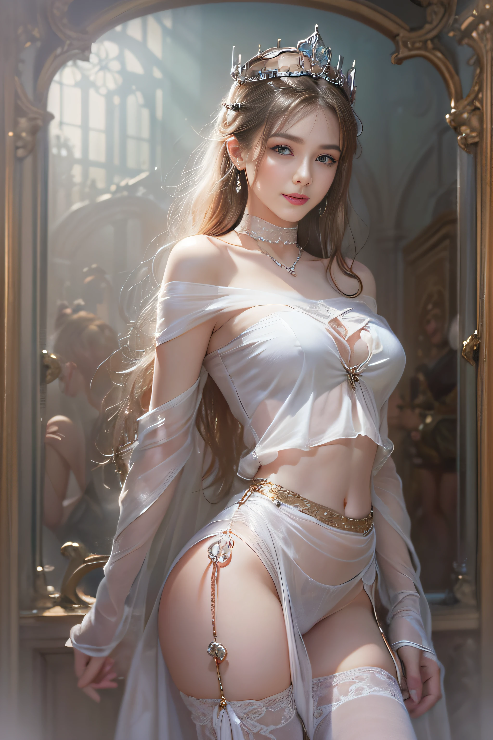 ((tmasterpiece:1.4)、(top-quality:1.4)、(reallistic:1.7))、By Luis Royo(By Luis Royo)Surreal portrait of a beautiful girl、Super beautiful girl、((1girl in:1.4))、Shiny natural skin texture、(The Queen's Gorgeous Costume)、((Sheer off-the-shoulder white one-piece mini skirt type:1.4))、((up skirt)),Authors:By Luis Royo(By Luis Royo)、age19、(Two arms:1.4、Two legs:1.4)、(perfect anatomia:1.4)、(Perfect female body:1.4)、Portrait photo of a girl、Close-up photos、Upper body photography、Fantasyart、Soft front light、Beautiful expression、kawaii faces、Beautiful udder、large full breasts:1.2、Beautiful ass、A detailed eye、Clearly eye-catching, beautiful and alluring、beautidful eyes、Narrow waist、Raw photo、red rip、Arrange your long hair as cool as a queen、(tiara crown:1.4、choker necklace:1.4、a necklace:1.4、耳Nipple Ring:1.4)、1 screen display、((Woman on all fours on silk bed)),((Translucent off-shoulder white dress))、((A smile)),((posterior view))、((Looks Back))、((White T-back panties visible)),((erection)),