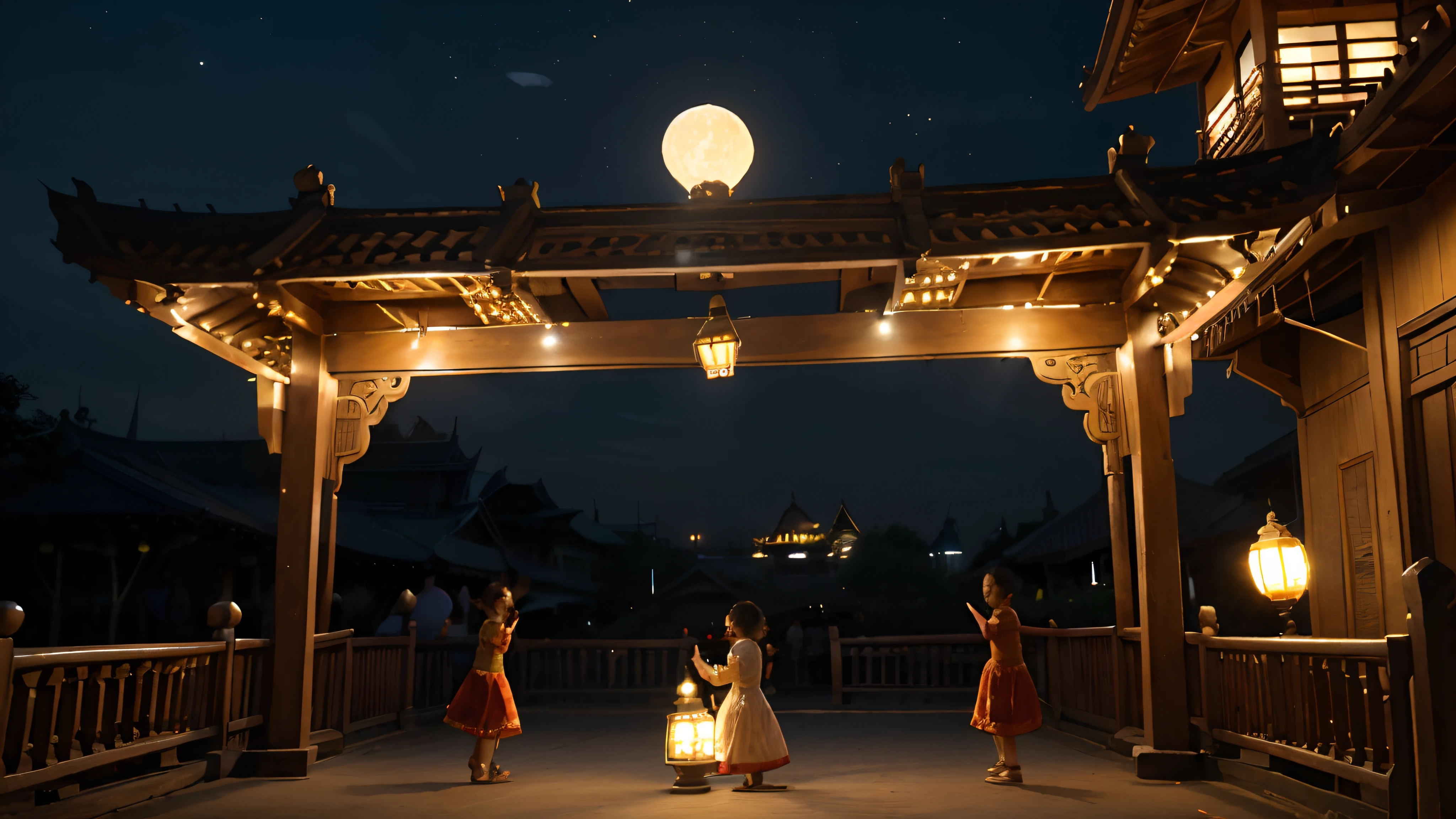 (best quality,4k,8k,highres,masterpiece:1.2),ultra-detailed,(realistic,photorealistic,photo-realistic:1.37),Myanmar thadingyut, happy, many people, flying lantern, pagoda night scene, traditional, vibrant colors, illuminated, joyful, lively, cultural celebration, lantern-lit sky, lantern reflections, bustling atmosphere, traditional costumes, dance performances, music and laughter, merriment, glowing lanterns in the hands of children, ornate pagoda, beautiful starry night sky, radiant moon, peaceful ambiance.