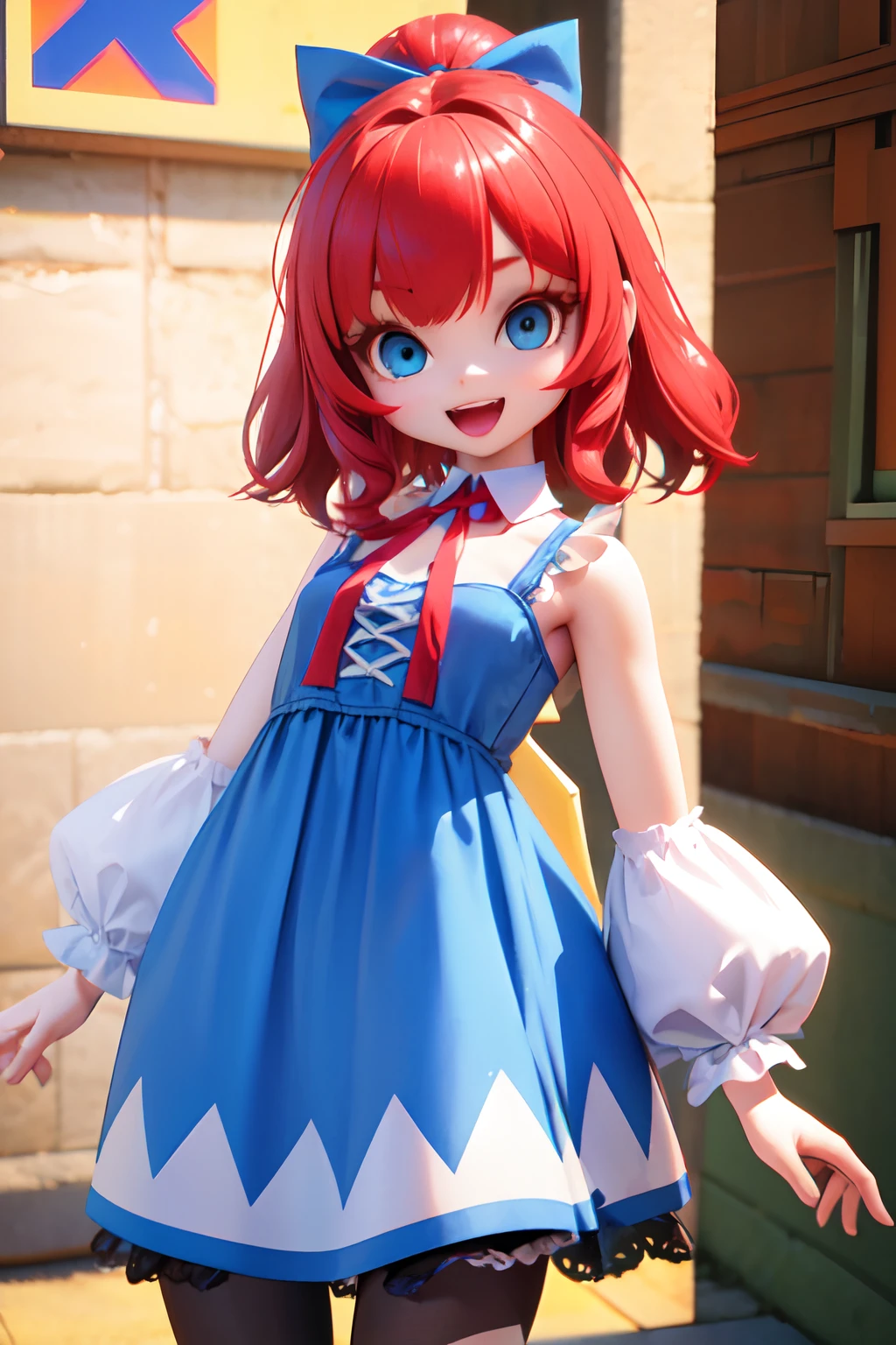 ragdoll girl, with red hair and a ribbon, blue ragdoll dress, bottons eyes, 3d animated, 3 d animated, toonix character, cartoonish cute, 3d character, 3 d character, medieval, highly rendered!!,