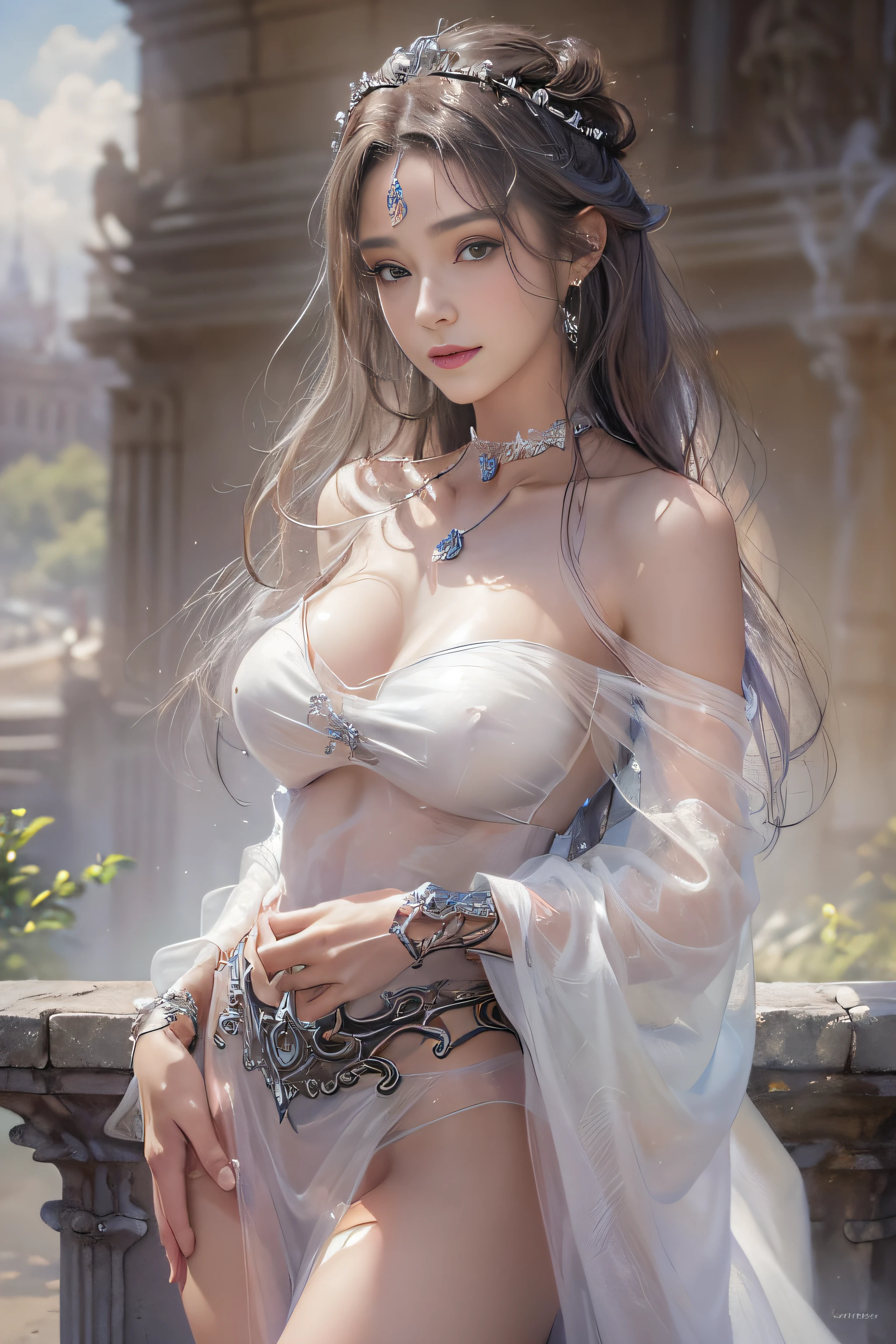 ((tmasterpiece:1.4)、(top-quality:1.4)、(reallistic:1.7))、By Luis Royo(By Luis Royo)Surreal portrait of a beautiful girl、Super beautiful girl、((1girl in:1.4))、Shiny natural skin texture、(The Queen's Gorgeous Costume)、((Sheer off-the-shoulder white one-piece mini skirt type:1.4))、((up skirt)),Authors:By Luis Royo(By Luis Royo)、age19、(Two arms:1.4、Two legs:1.4)、(perfect anatomia:1.4)、(Perfect female body:1.4)、Portrait photo of a girl、Close-up photos、Upper body photography、Fantasyart、Soft front light、Beautiful expression、kawaii faces、Beautiful udder、large full breasts:1.2、Beautiful ass、A detailed eye、Clearly eye-catching, beautiful and alluring、beautidful eyes、Narrow waist、Raw photo、red rip、Arrange your long hair as cool as a queen、(tiara crown:1.4、choker necklace:1.4、a necklace:1.4、耳Nipple Ring:1.4)、1 screen display、((In front of the city walls、Woman standing in front of bench)),((Translucent off-shoulder white dress))、((A smile)),((posterior view))、((Looks Back))、((White T-back panties visible)),((erection)),