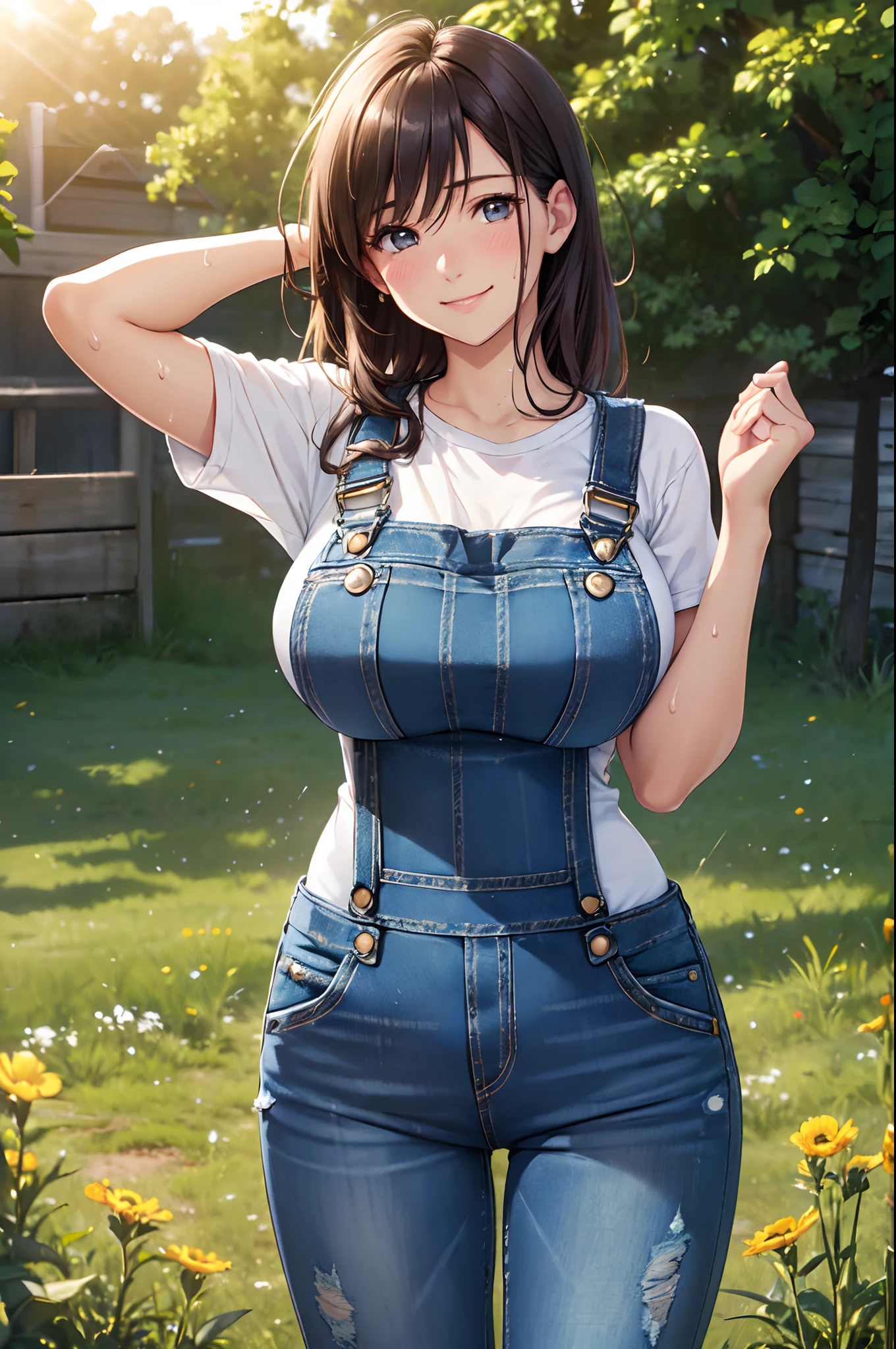 (High quality, High resolution, Fine details, Realistic), Denim overalls clothing, raise one hand, blocking the sunlight with hand, meadow, clear sky, strong sunshine, solo, Adult Woman, sparkling eyes, smile, blush, Large breasts, (Sweat), Oily skin, Shallow depth of field
