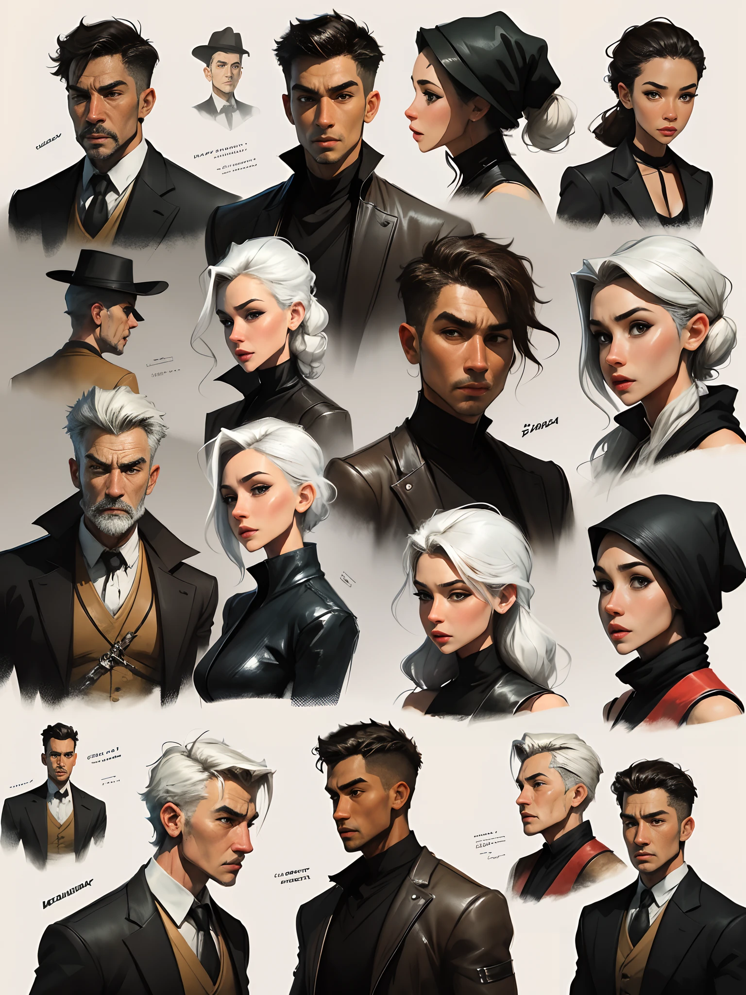 concept art, Character Sheet, Character turnarounds, male and female, young and old, poor and rich burglars, thieves, robbers, criminals, watercolor, charcoal pen & Ink, white background, stories in a detective's notebook