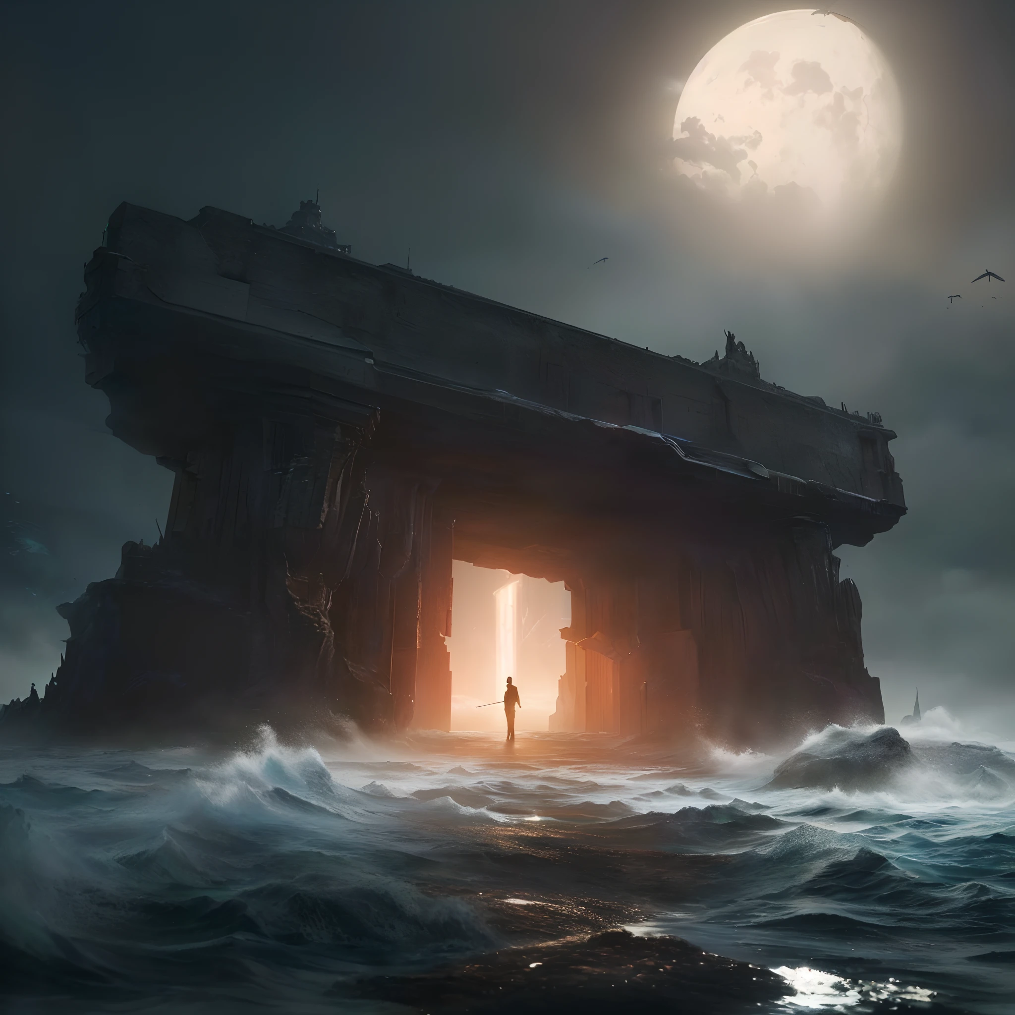 arafed image of a man standing in a doorway in the middle of a body of water, jessica rossier fantasy art, sci fi epic digital art, matte painting of human mind, mystical sci-fi concept art, 8 k matte painting, 8k matte painting, photorealistic dark concept art, stefan koidl inspired, 3 d render and matte painting