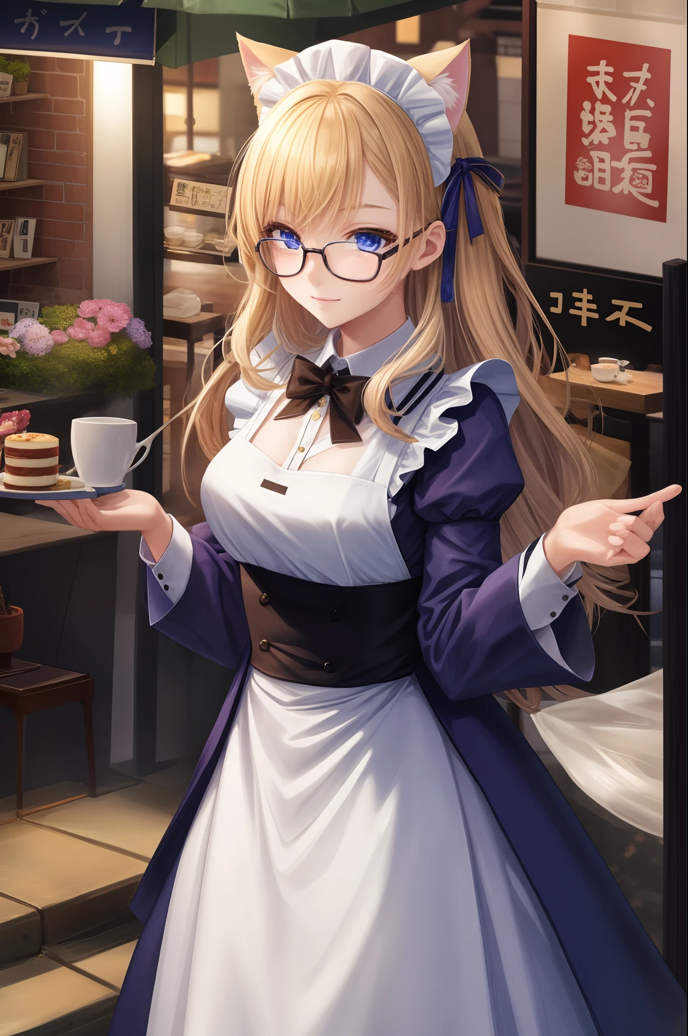 blue archives (asuma toki) , 1girl, solo, blonde hair, bangs, maid suit, japan, cafe, cat ear, glasses