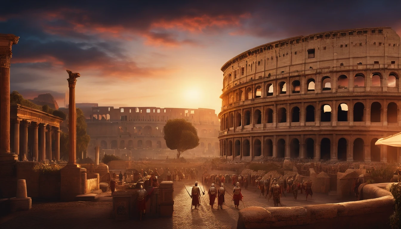 "(best quality,highres),Busy market in ancient Roman city. Sunset over historic Rome. 1st century. Pretorian guards in the distance. Spartan warrior, (((Colosseum))), Anime style, gladiator, give it a dark tone, vibrant colors"