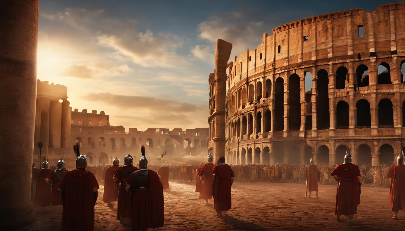 "(best quality,highres),Busy market in ancient Roman city. Sunset over historic Rome. 1st century. Pretorian guards in the distance. Spartan warrior, (((Colosseum))), Anime style, gladiator, give it a dark tone, vibrant colors"
