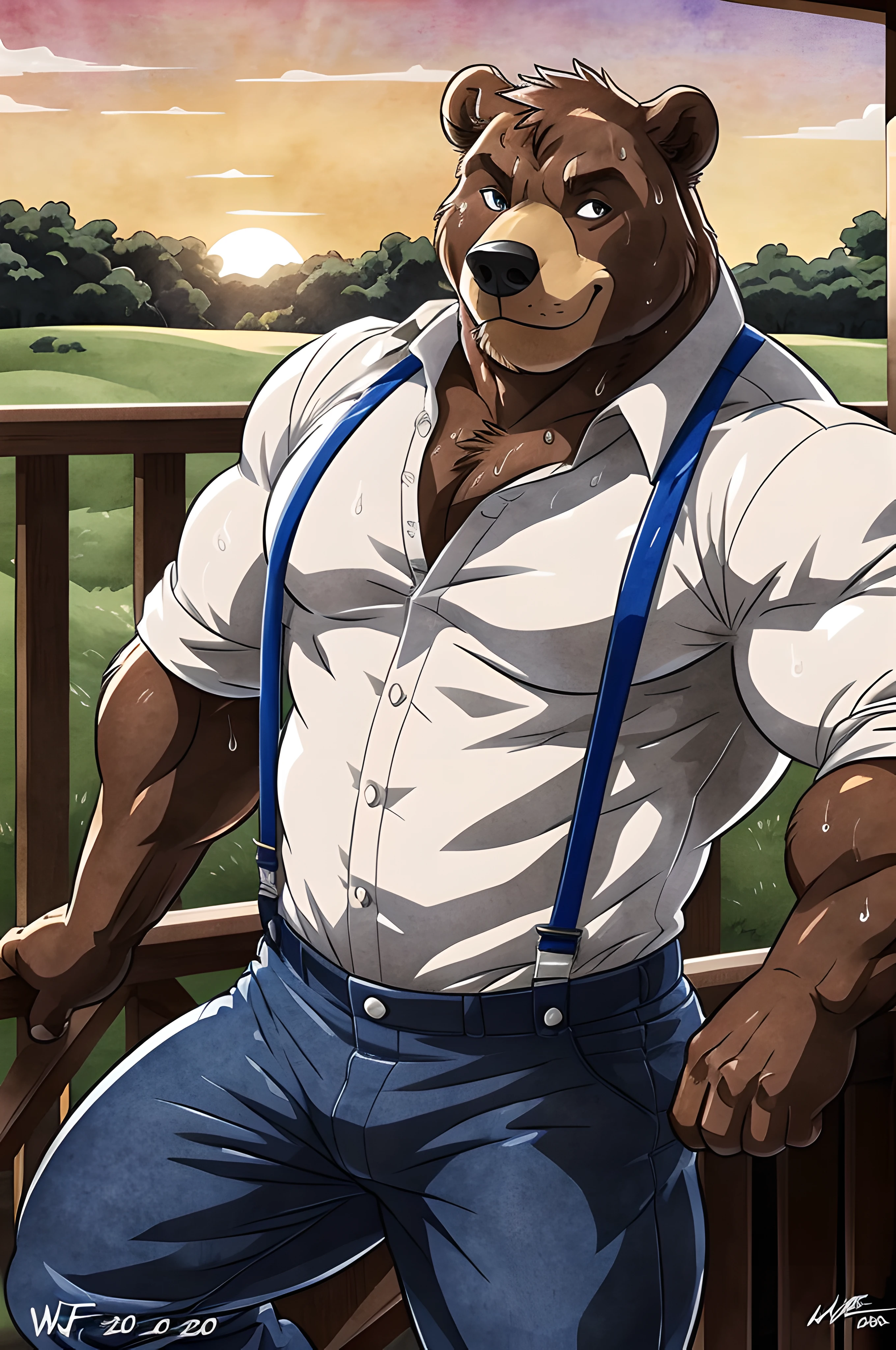 Solo, male, bull, (large and muscular), jumping, mid-air, suspenders, denim overalls, boots, brown hair, mustache, sweaty, determined expression, by Bulljumper, by Cowboybob, by Bovineking, by Bullracer, sunset background, rustic fence, fields in the distance, long shadow.
The bull, a large and muscular figure, prepares to leap over a rustic fence in the distant sunset. His suspenders kept his denim overalls in place, and his boots crunched in the dry earth as he tensed his powerful muscles. Sweat glistened on his brown, weathered face,