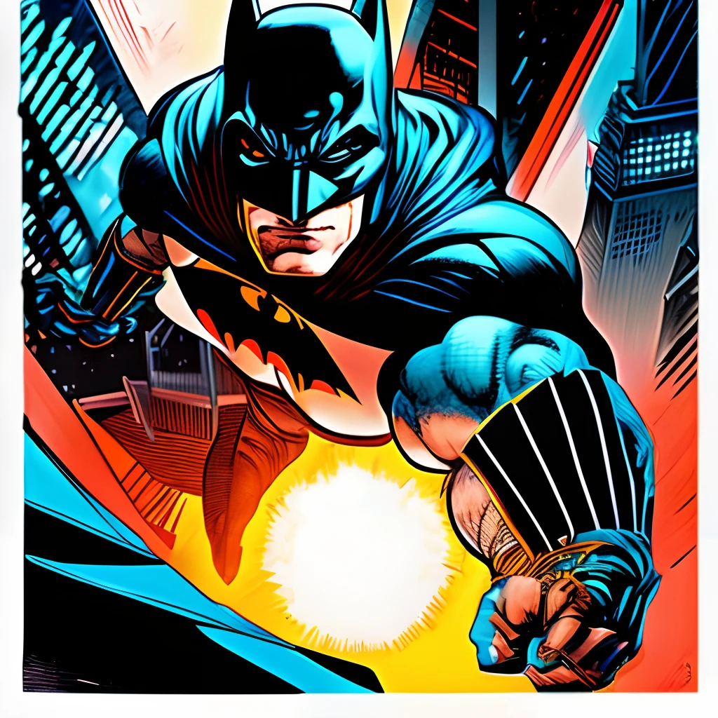 (best quality,4k,8k,highres,masterpiece:1.2),ultra-detailed,realistic:1.37,Batman,poster art,American comic style,illustrated,contrasting colors,shadows,bold lines,vivid,featured,showcasing Batman's iconic symbol,close-up of Batman's face and expression,detailed cowl,glowing eyes,intense gaze,glossy textures,Dynamic action pose,overlooking Gotham City skyline at night,tall buildings,bat signal projecting on clouds,mysterious atmosphere,city lights reflecting in puddles,onomatopoeias and sound effects,comic book aesthetic,retro vibe,comic strip layout,speech bubbles,wordplay captions,heroic silhouette,emphasized muscles,wind blowing cape,cityscape as a backdrop,gritty urban feel,expressive brush strokes,inking pen style,comic book panels,capturing the essence of Batman's strength and determination,wisps of smoke and steam,design elements reminiscent of Batman's gadgets and logos,high contrast between light and shadow,layered composition,eye-catching composition,attention to details,creates an energetic and captivating narrative.