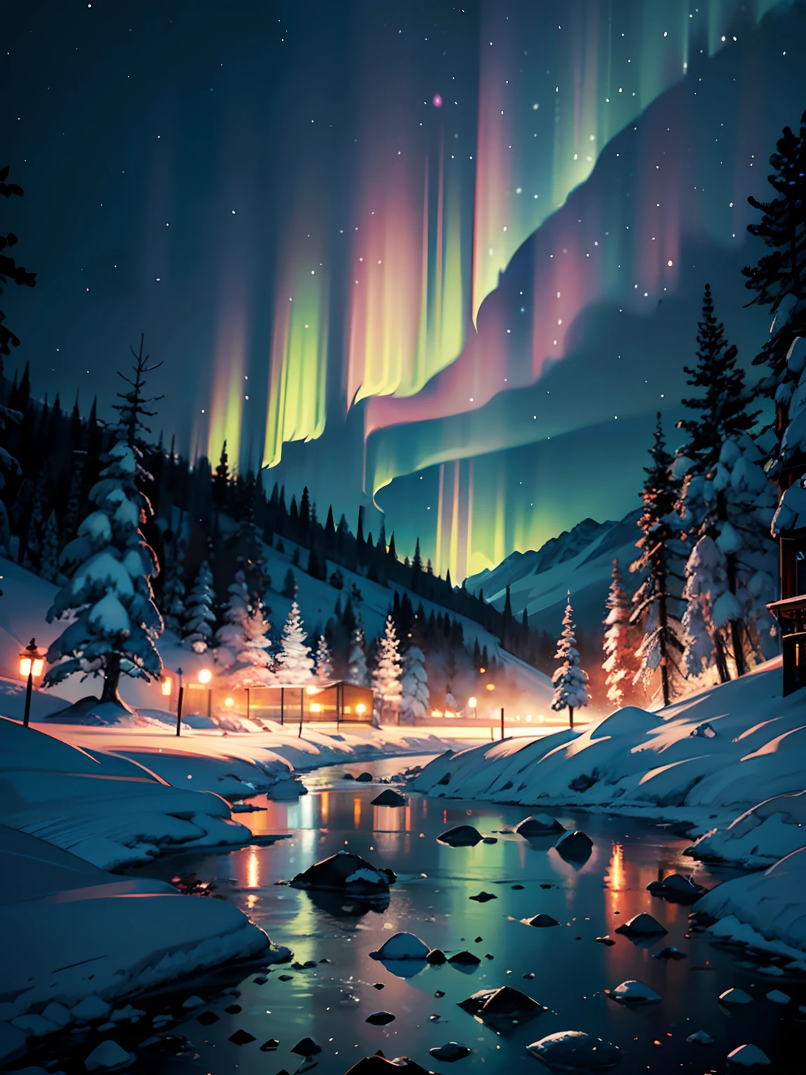 This breathtaking piece of official concept art by Mappa Studios depicts a majestic scene of an ice age frozen river. Every element is covered in a pristine blanket of glistening ice and snow, creating a winter wonderland. The landscape features an enchanting forest of ice spikes, which reach towards the sky with an ethereal beauty. Above, the aurora dances across the night sky, casting a mesmerizing glow over the frozen landscape.
BREAK
Despite the blizzard and snowstorm raging, a small bush resiliently stands, adding a touch of life and color to the otherwise icy surroundings. The atmosphere is heightened by a gentle fog, which adds an air of mystery and creates a sense of depth within the scene.
BREAK
This highly detailed digital art is rendered in a stunning 4k resolution, showcasing the intricate details of the ice formations and the delicate textures of the snow. The realism achieved through the use of Octane Render brings the scene to life, making it almost tangible.
BREAK
The use of bioluminescent elements adds a magical touch to the composition, with soft glows of cool colors illuminating the frozen landscape. The artistic technique of ligne claire creates clean, well-defined lines, adding to the overall aesthetic appeal of the artwork.
BREAK
This masterpiece is a testament to Mappa Studios' talent and expertise, representing the best quality in official art and illustration. The composition is perfectly balanced, adhering to the rule of thirds and creating a visually pleasing arrangement of elements.
BREAK
With its 8k resolution, this concept art showcases an incredible level of detail, allowing viewers to immerse themselves fully in the frozen world depicted. The image is a true gem in the realm of fantasy art, capturing the essence of a winter wonderland with a focused and captivating vision.