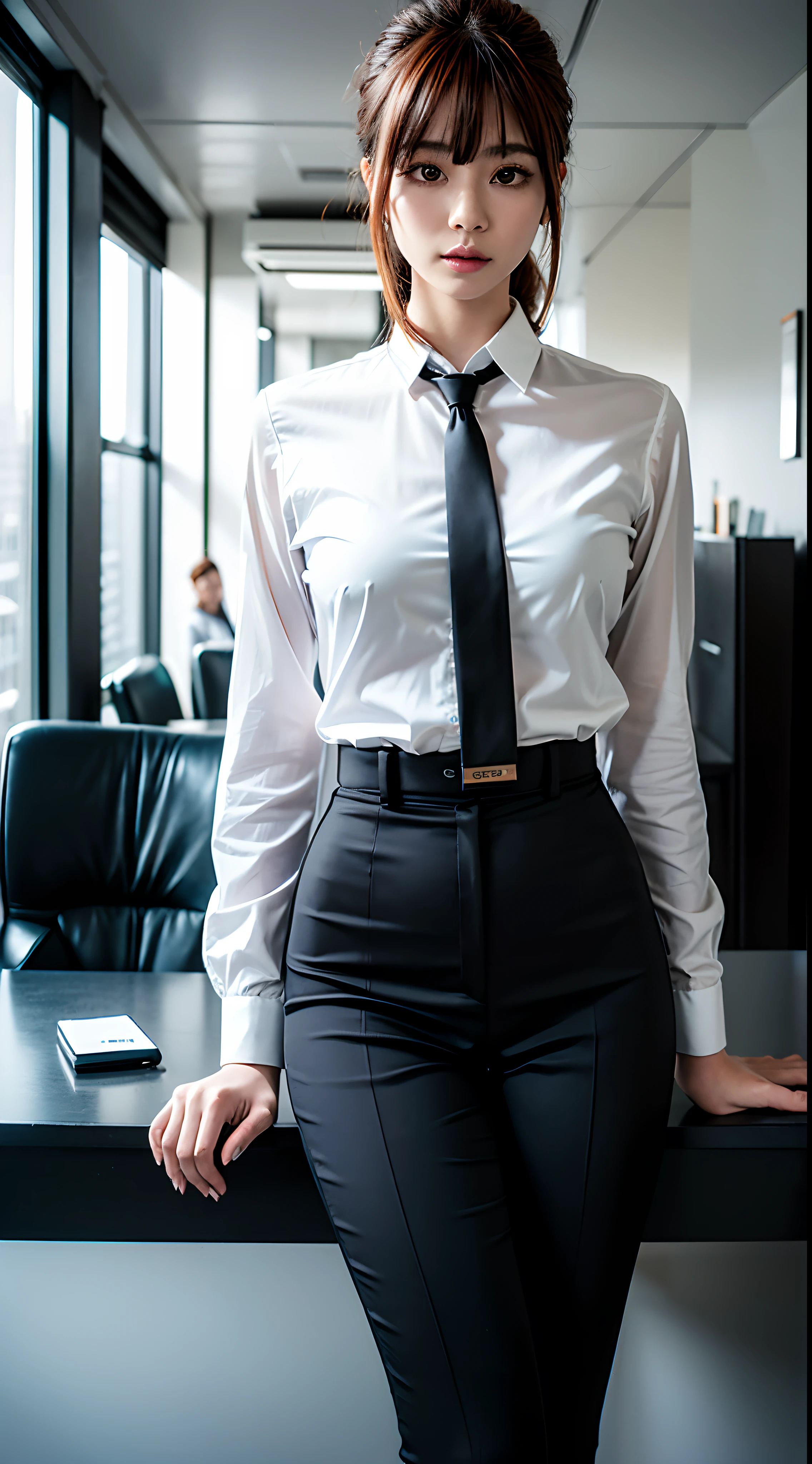 (outro artista:0.9),Asian lady in a business suit,Sitting in a modern office chair,(estilo onii kei),(linhas finas),(curvas delicadas),(fotos sinceras de celebridades),Luz(Orange and gray coloration),ferrania p30,(liso e brilhante),(32k,UHD),(professional lighting),(cores vibrantes),(high-resolution details),(foco nítido),(ultra-realistic),(sombras sutis),(fundo minimalista),(moderno e elegante),(lines sharp),(traje elegante),(postura confiante)