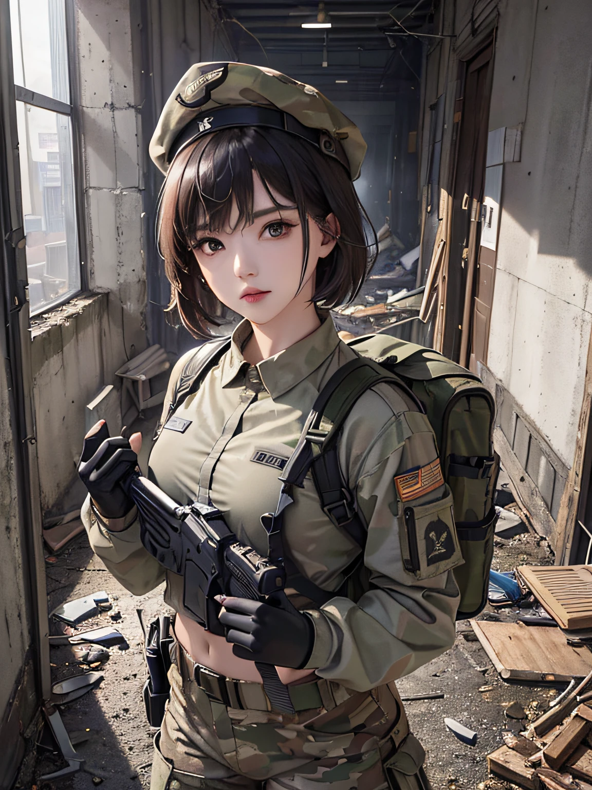 ((tmasterpiece、ultra fine photos、top-quality、超A high resolution、foco nítido、chest circumference))、、beautiful female soldier、delicated face、White skin of the、High detail skin、Realistic details of skin、Short short-haired cat、Camouflage cap、Combat equipment、black undershirt、Army long-sleeved camouflage uniform、camouflage pants、Combat gloves、rucksack、Detailed and complex busy background、Rooms in abandoned buildings、White smoke、Detailed facial and chest depictions、detailed hand depiction、Combat pose、Dynamic action、watching at viewers