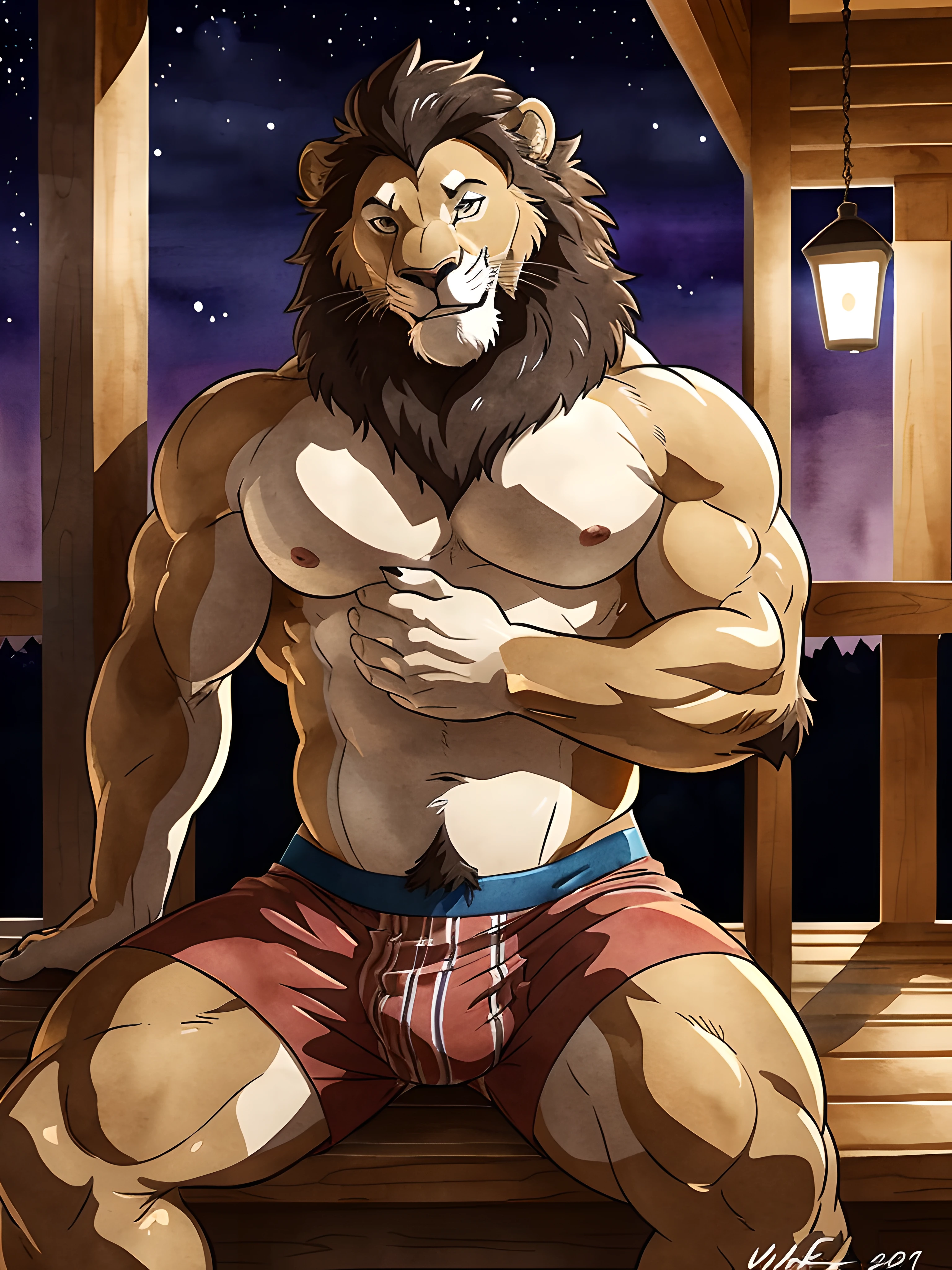 muscular anthro lion posing for the camera, sitting on porch, spreading arm, touching chest. 4k, high resolution, best quality, posted on e621, solo, anthro body, anthro lion, mane, male, adult, masculine, (very muscular, thick build, pectorals:1.2), correct anatomy, (countryside background, porch, night, stars), (by wfa:1.2), (by negger:1.0), (underwear, boxers:1.2), (detailed eyes:1.2), sexy, (cel shaded:1.2), cartoony shading, (watercolors), strong shadows, confident, seductive, flirting, smile, open mouth, (half-body shot:1.2), (looking at viewer:1.2)