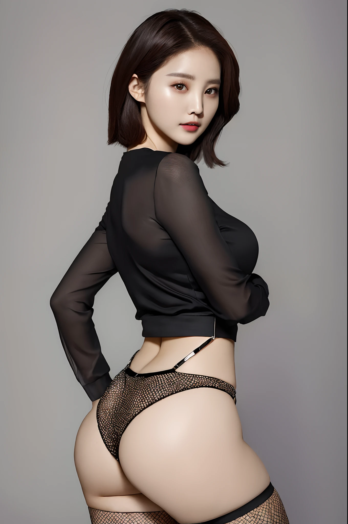 (masterpiece:1.3), (High resolution:1.1), Detailed beautiful face, Detailed beautiful, (huge breasts, gigantic breasts:1.4,  a woman in a black top and fishnet panties posing for a picture, beautiful south korean woman, gorgeous young korean woman, beautiful young korean woman, korean girl, gorgeous chinese model, korean woman, kiko mizuhara, japanese model, 2 4 year old female model, korean women's fashion model, good hips and long legs, young beautiful amouranth