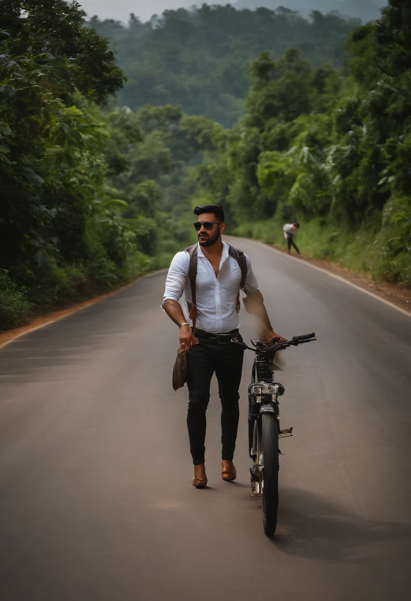 there are three men standing on a road taking a selfie, a picture by Max Dauthendey, trending on dribble, realism, selfie photography, selfie!!!!! of a man, assamese aesthetic, selfie photo, 8k selfie photograph, selfie!!!!!, looking at camera!!!, selfie shot straight on angle, posing for a picture, without helmet, candid picture