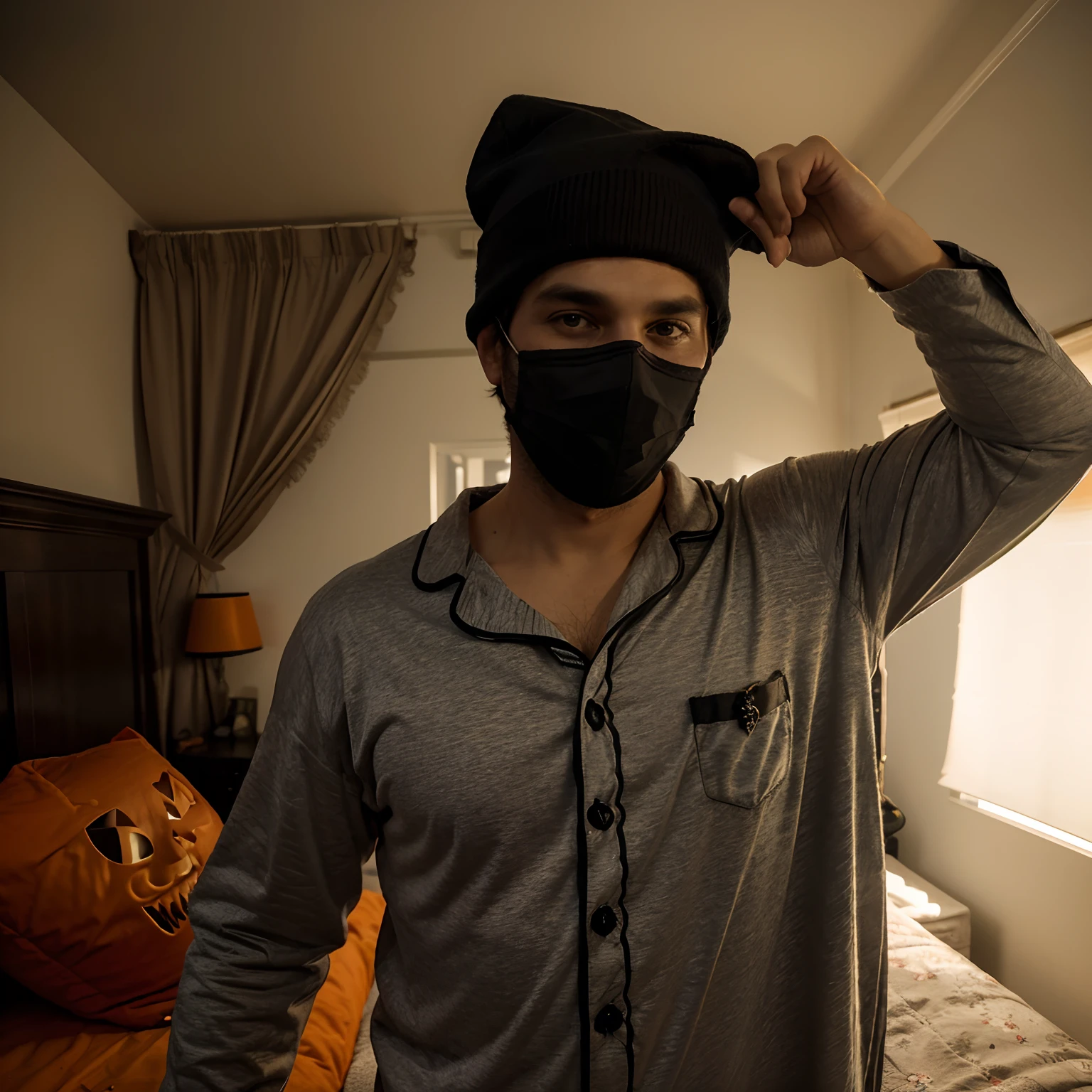 Handsome 30 year old man,Short hair in your room in the morning, with comfy pajamas, with Halloween-themed mask, y con gorro de calabaza de Halloween , muy realista