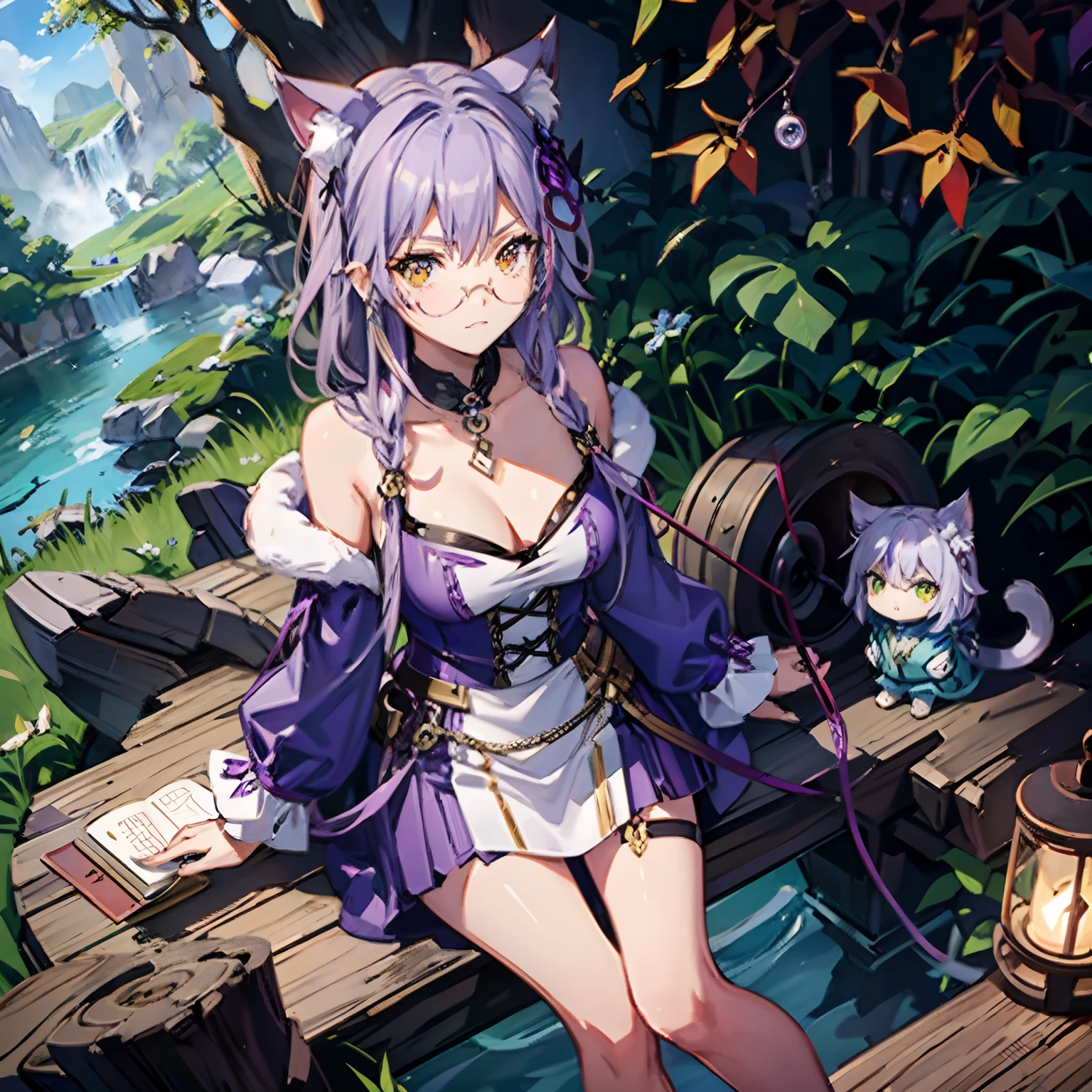 Cheshire Cat、Metallic Chopper、Long、Medium hair、purplehair、Animal ears、Cat Ear Original、1girl in、(独奏)、landscapes、The scene、Red tree、the woods、lake、autumnal、((eye glass))