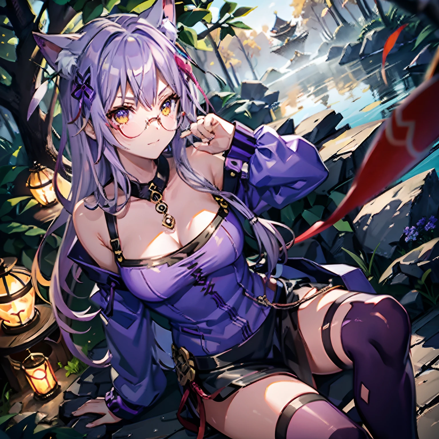 Cheshire Cat、Metallic Chopper、Long、Medium hair、purplehair、Animal ears、Cat Ear Original、1girl in、(独奏)、landscapes、The scene、Red tree、the woods、lake、autumnal、((eye glass))