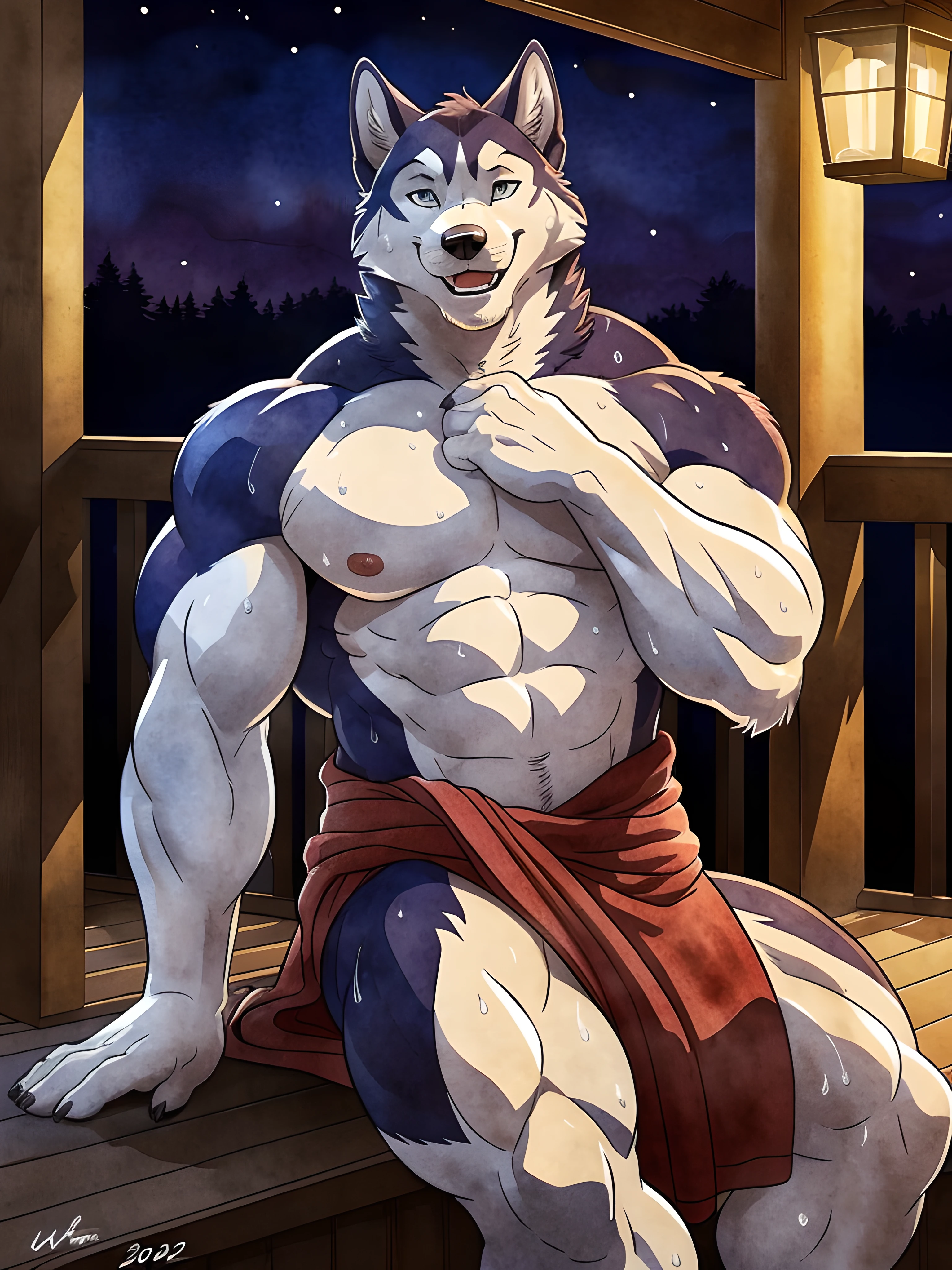 muscular anthro husky posing for the camera, sitting on porch, hand raised, touching himself. 4k, high resolution, best quality, posted on e621, solo, anthro body, anthro husky, older male, male, adult, masculine, (very muscular, thick build, pectorals:1.2), correct anatomy, (countryside background, porch, night, lanterns, stars), (by wfa:1.2), (by negger:1.0), (towel around waist:1.2), (detailed eyes:1.2), sexy, (cel shaded:1.2), (sweat:1.4), steam, wet fur, cartoony shading, (watercolors:1.1), strong shadows, confident, seductive, flirting, smile, open mouth, (half-body shot:1.2), (looking at viewer:1.2), romantic