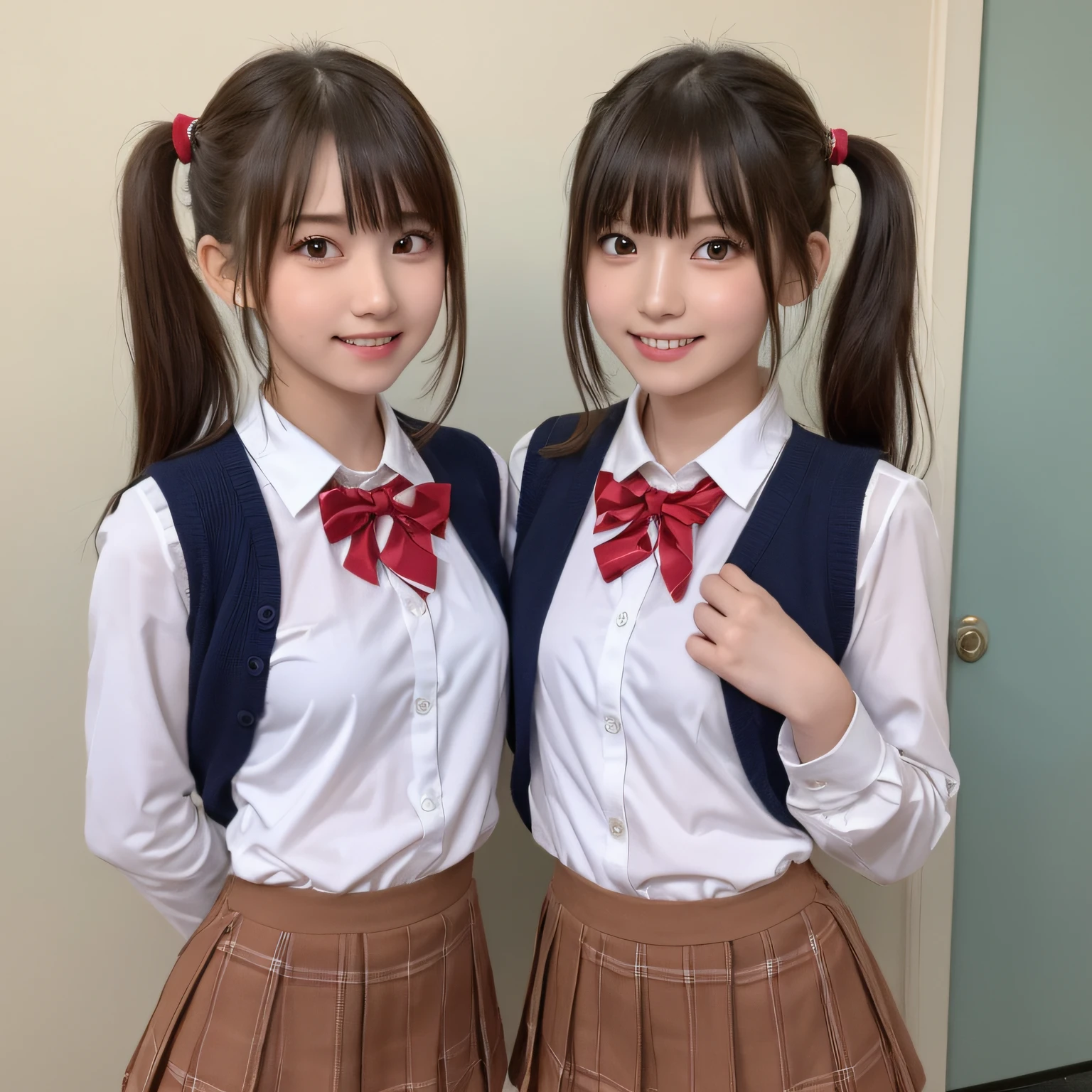 2 girls taking off skirt in sunny wooden school classroom,white shirt with pink plaid bow tie,white thong,18-year-old,bangs,a little smile,thighs,knees,short hair with low pigtails bunches,from beside,front light