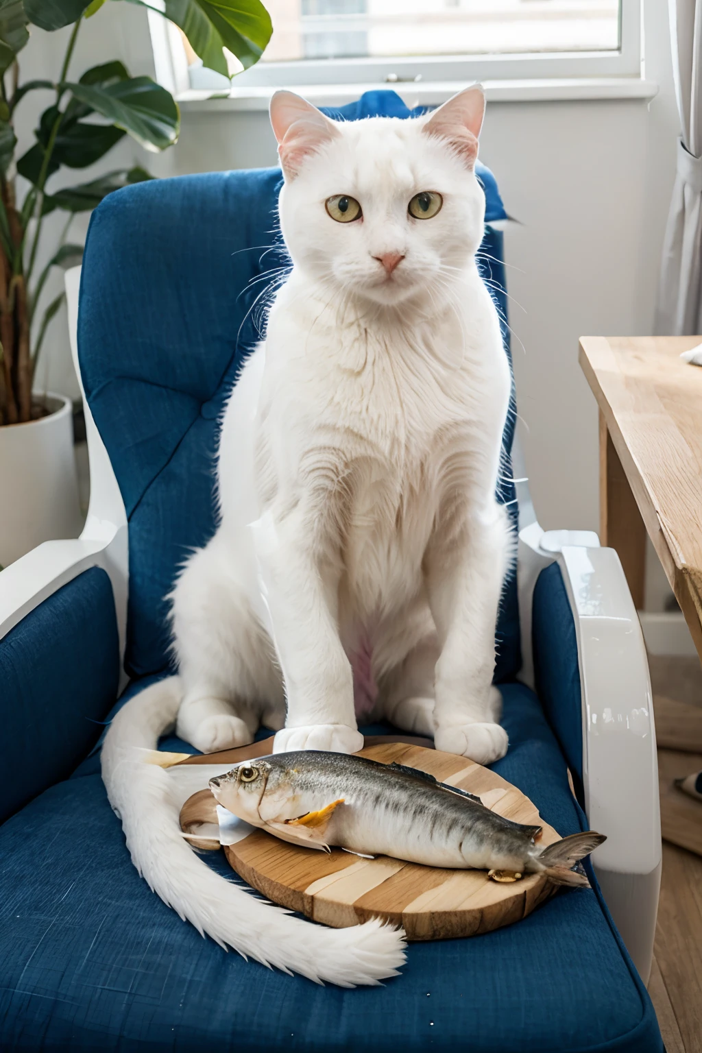 White cat eating mackerel on a blue chair
