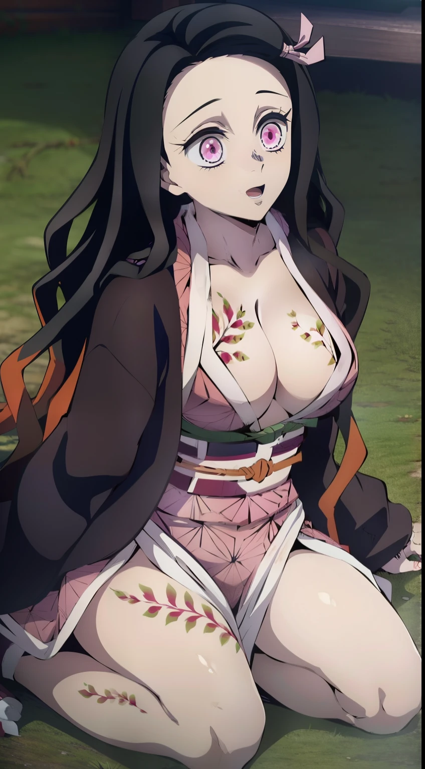 the night, Night Forest, on the knees, Erotica, half naked(Body Full 1.1), Sexy, Smiling, Nezuko Kamado's masterpiece, ssmile, joying, Long black hair with orange tips, Ribbon Hair, hairlong, multi-colored hair, (pink eyes: 1.5) Bright, orange hair, Wavy Hair, two tone hair, professional photo of a, haori, Japanese outfit, Sexy kimono, long sleeves, obi, pink kimono, band, wariza, long sleeves, Perfect Curved Body, Tattooed body with leaves, permeating Her body, Lovely Medium Breasts, Her breasts are sticking out from under her clothes, BREAK (Master Part: 1.2), Best Quality, High Resolution, photorealestic, photogenic, Unity 8k壁纸, (illustartion: 0.8), (Beautiful detailed pink eyes: 1.6), extremely detailed face, perfect lighting, extremely detailed CGI , (perfect arms, perfect anatomy), 18 year old girl with perfect breasts, beatiful face, master study, intricate details, Detalhes realistas, the anime, (По мотивам Demon Slayer Kimetsu no Yaiba Nezuko Kamado) the perfect body, Perfect Pointed Breasts, The Perfect Girl, perfect details, Ultra HD |, 8K, Professional photo, Kimetsu no Yaiba Sexy Nezuko Kamado shows off her sexy body with a leaf tattoo, Joyful expression on his face,