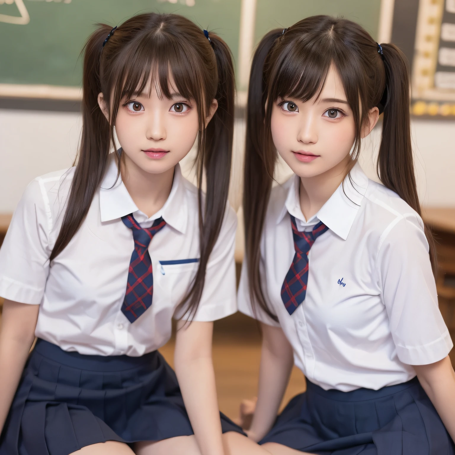 masutepiece, Best Quality, (Beautiful Girl:1.3), (:1.2), Very fine eye definition, (Symmetrical eyes:1.3), ((NSFW)), (School uniform, Cute skirt:1.3), Beautiful breasts, Brown eyes, Parted bangs, Brown hair, Upper teeth,Twintail hairstyle,2 girls,