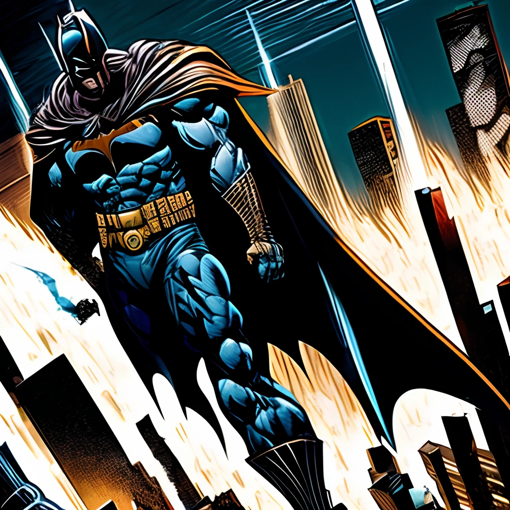 (best quality,4k,8k,highres,masterpiece:1.2),ultra-detailed,realistic:1.37,Batman,poster art,American comic style,illustrated,contrasting colors,shadows,bold lines,vivid,featured,showcasing Batman's iconic symbol,close-up of Batman's face and expression,detailed cowl,glowing eyes,intense gaze,glossy textures,Dynamic action pose,overlooking Gotham City skyline at night,tall buildings,bat signal projecting on clouds,mysterious atmosphere,city lights reflecting in puddles,onomatopoeias and sound effects,comic book aesthetic,retro vibe,comic strip layout,speech bubbles,wordplay captions,heroic silhouette,emphasized muscles,wind blowing cape,cityscape as a backdrop,gritty urban feel,expressive brush strokes,inking pen style,comic book panels,capturing the essence of Batman's strength and determination,wisps of smoke and steam,design elements reminiscent of Batman's gadgets and logos,high contrast between light and shadow,layered composition,eye-catching composition,attention to details,creates an energetic and captivating narrative.