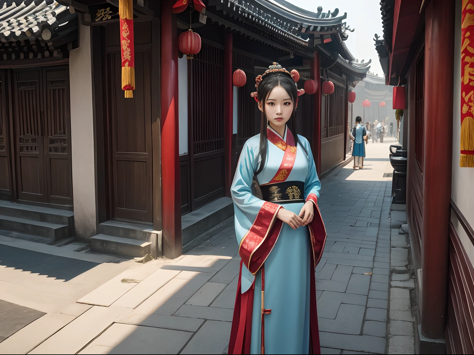（tmasterpiece，best qualtiy），one-girl，Skinny，Chinese architecture，Chinese streets，Hanfu，Shocked